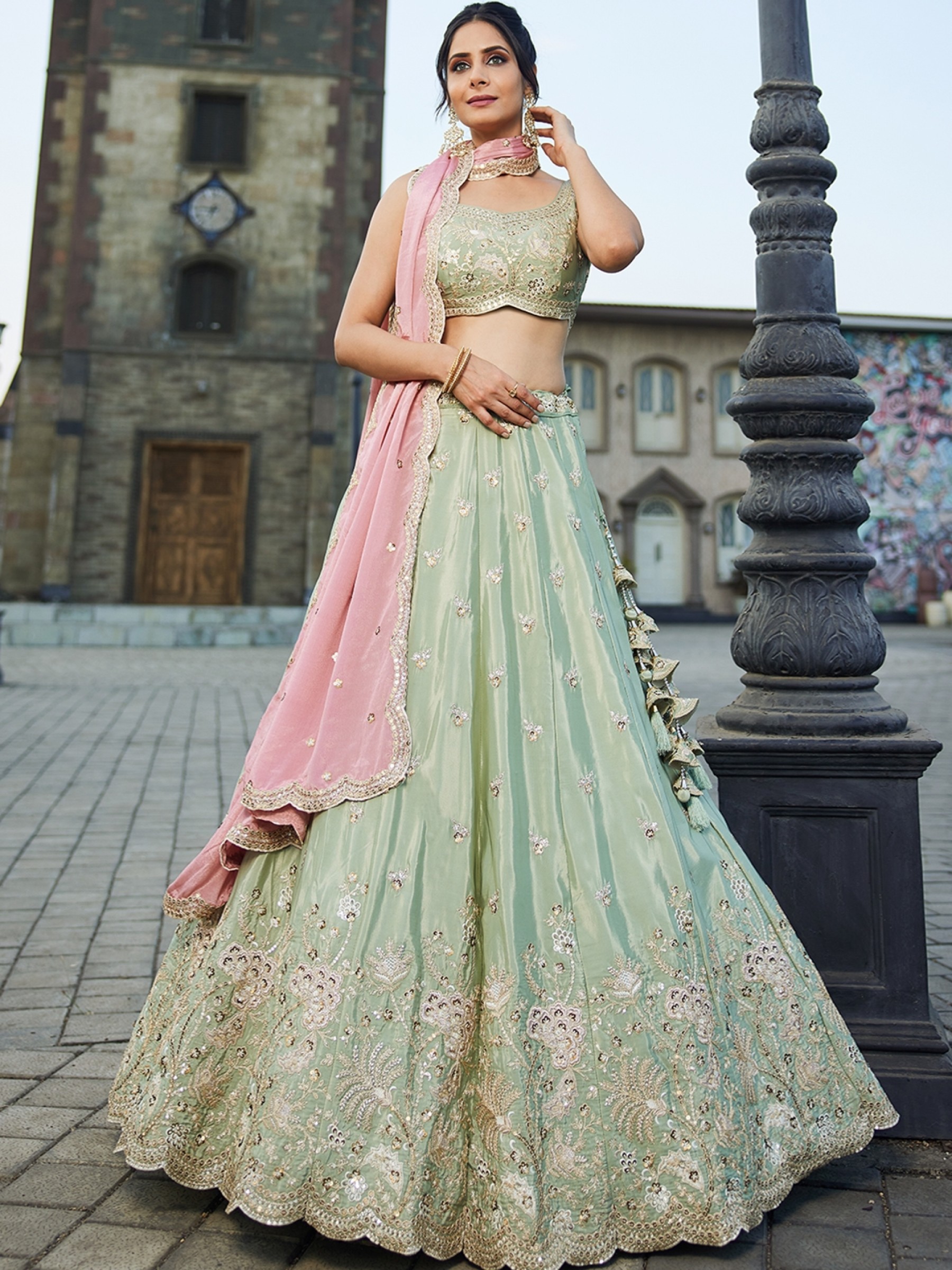 Pure Satin Silk Fabric Wedding Wear Lehenga In Lime Green Color With Embroidery Work    
