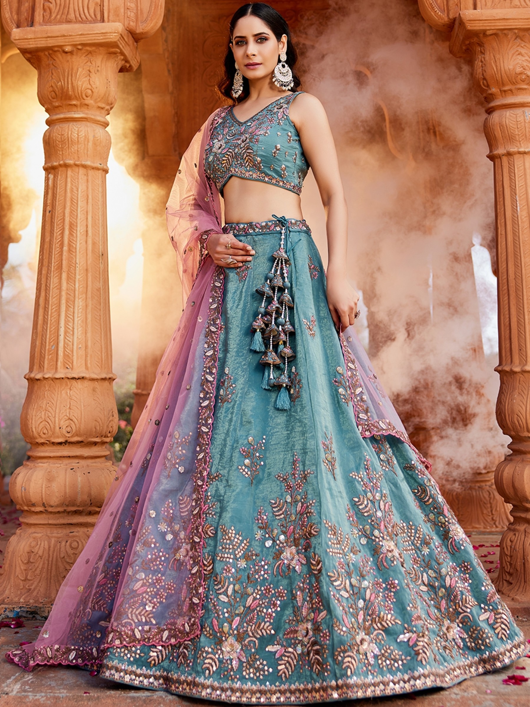 Pure Tissue Silk Fabric Wedding Wear Lehenga In Blue Color With Embroidery Work    