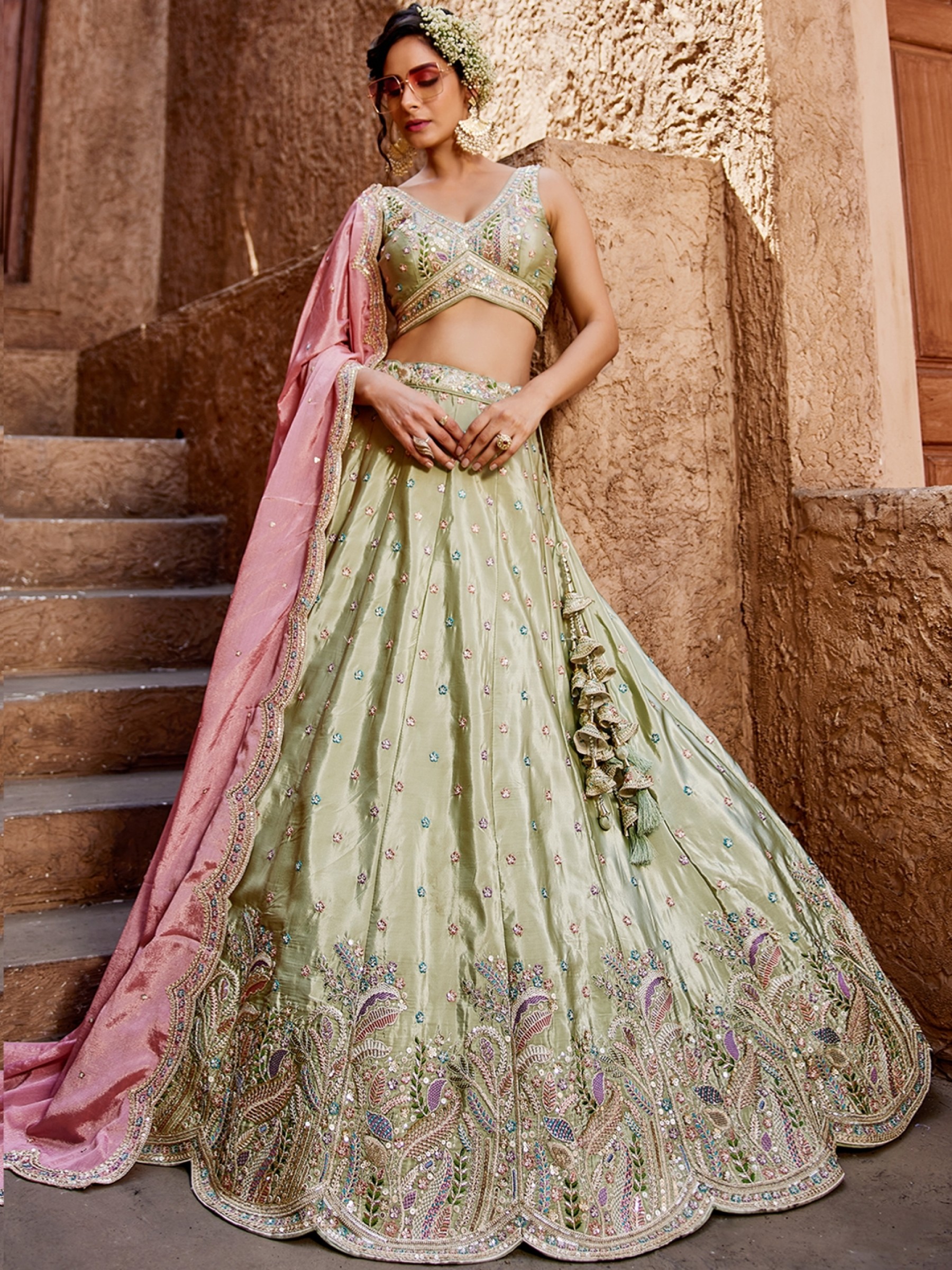 Pure Satin Silk Fabric Wedding Wear Lehenga In Lime Green Color With Embroidery Work    