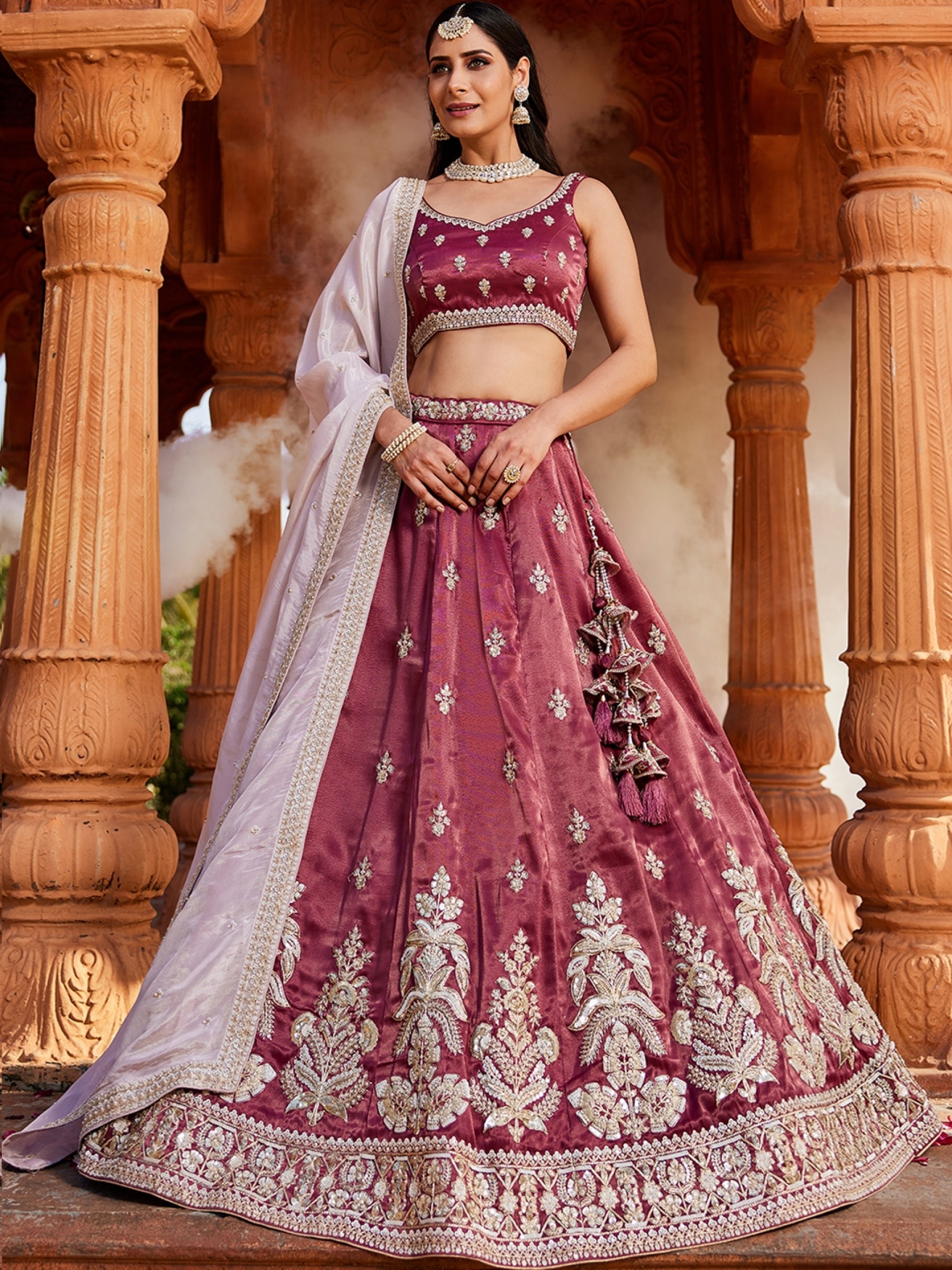 Pure Tissue Silk Fabric Wedding Wear Lehenga In Burgundy Color With Embroidery Work    