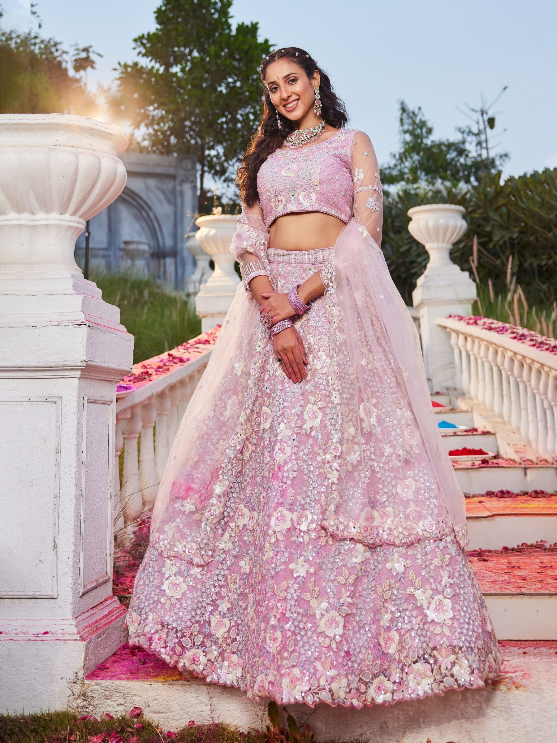 Soft Premium Net Fabric Lehenga In Pink Color With Embroidery Work & Zarkan Work    