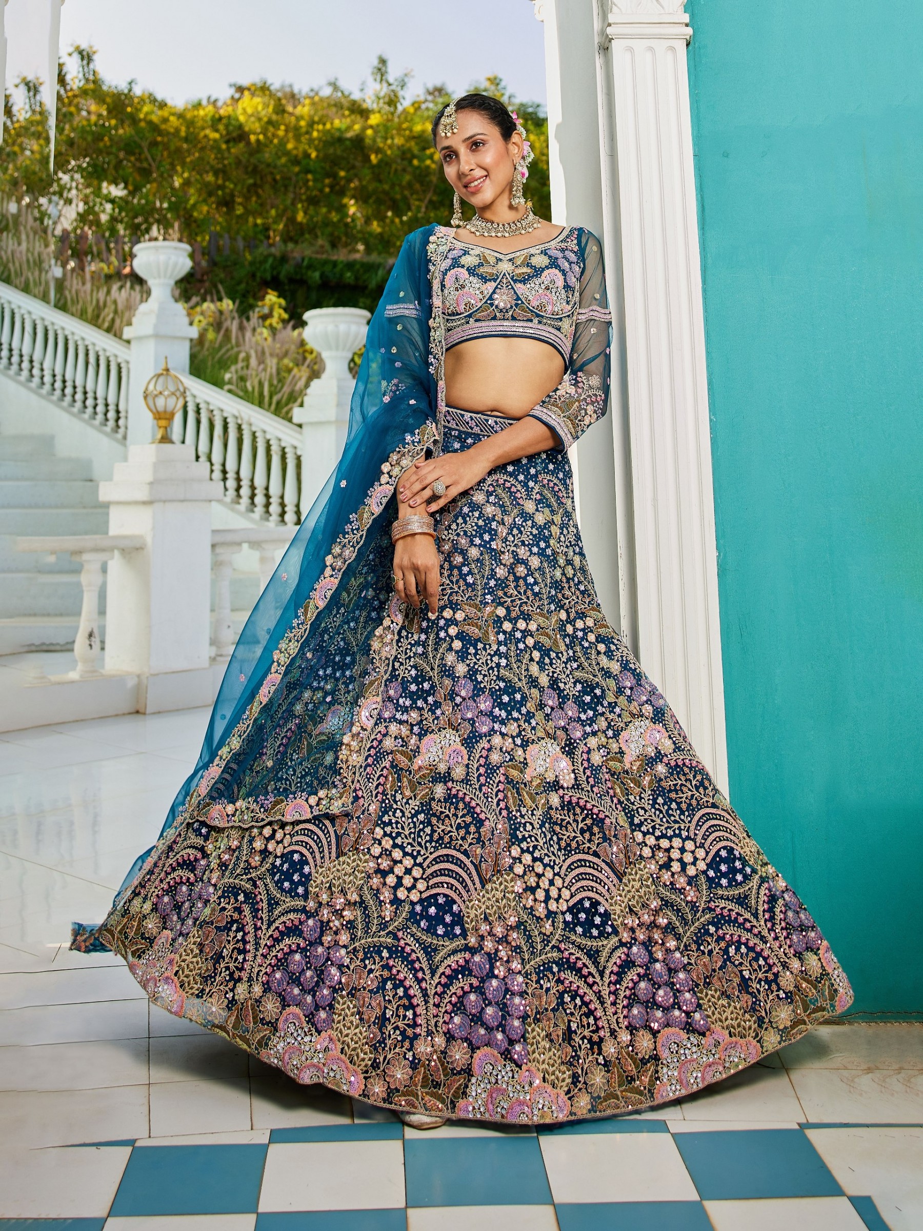 Soft Premium Net Fabric Lehenga In Navy Blue Color With Embroidery Work & Zarkan Work    