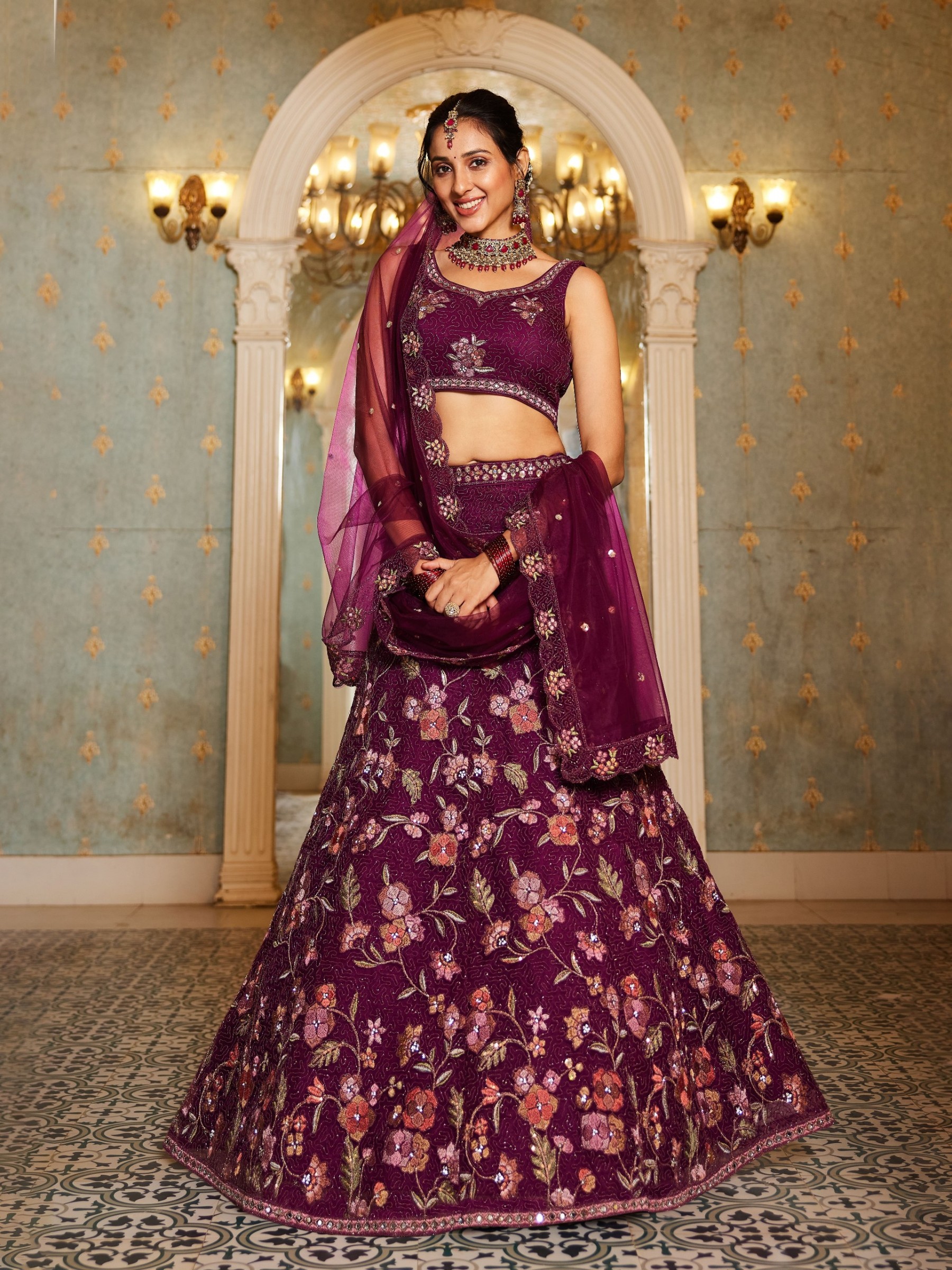 Soft Premium Net Fabric Lehenga In Burgundy Color With Embroidery & Sequence Work    