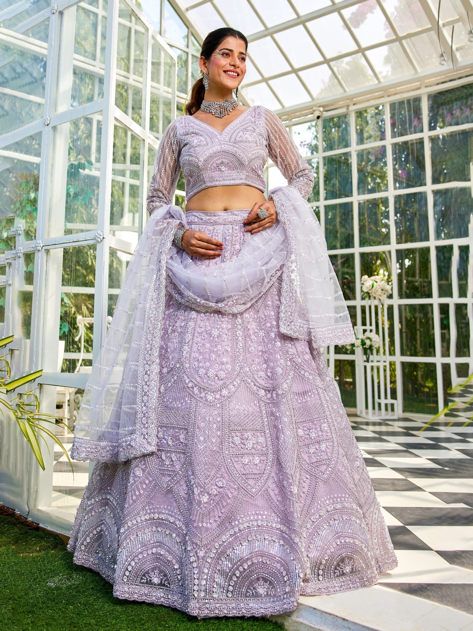 Soft Premium Net Fabric Lehenga In Lavender Color With Embroidery & Flower beads Work    