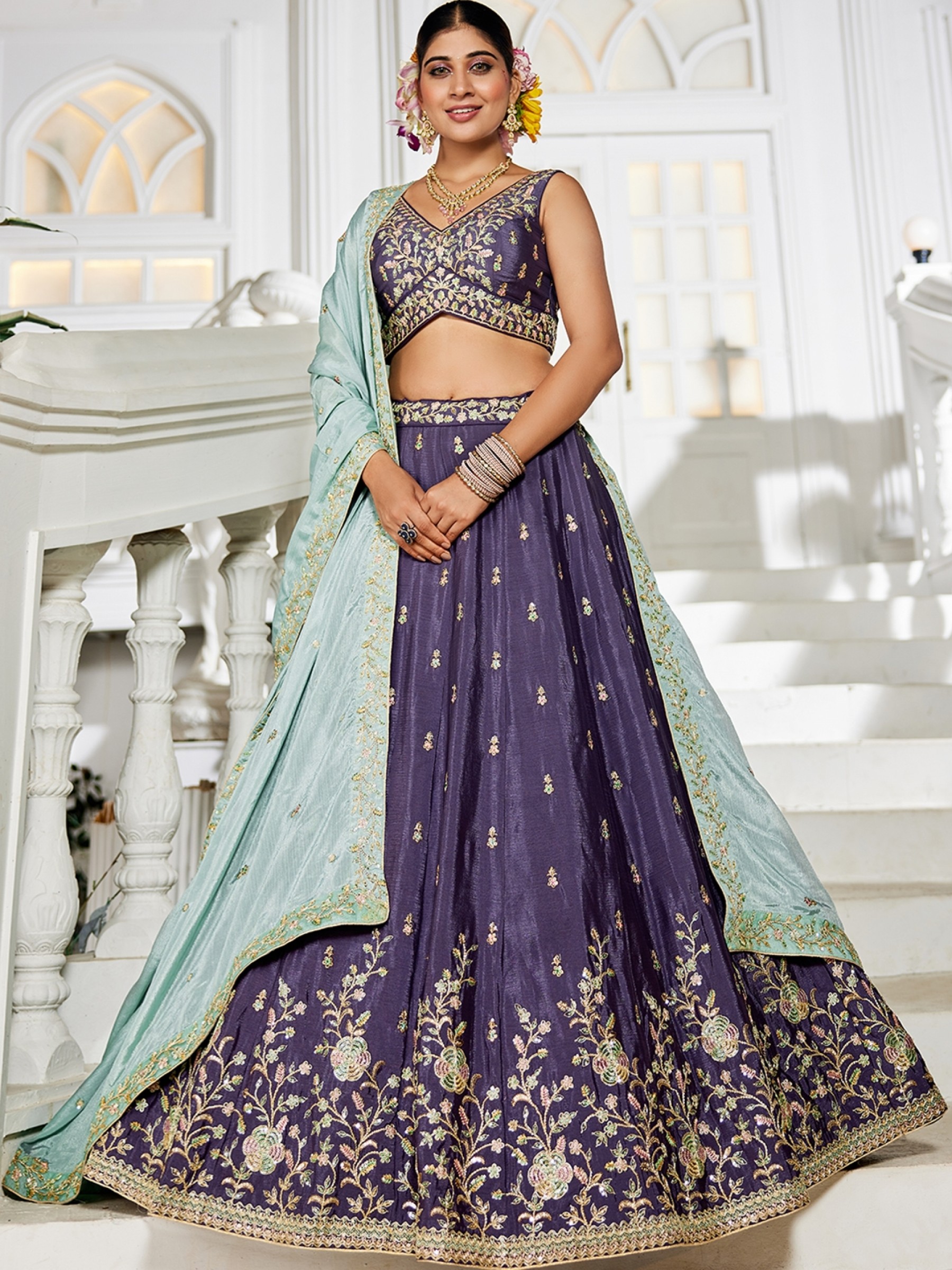 Pure Chiffon fabric Party Wear Lehenga In Violet Color With Embroidery Work 