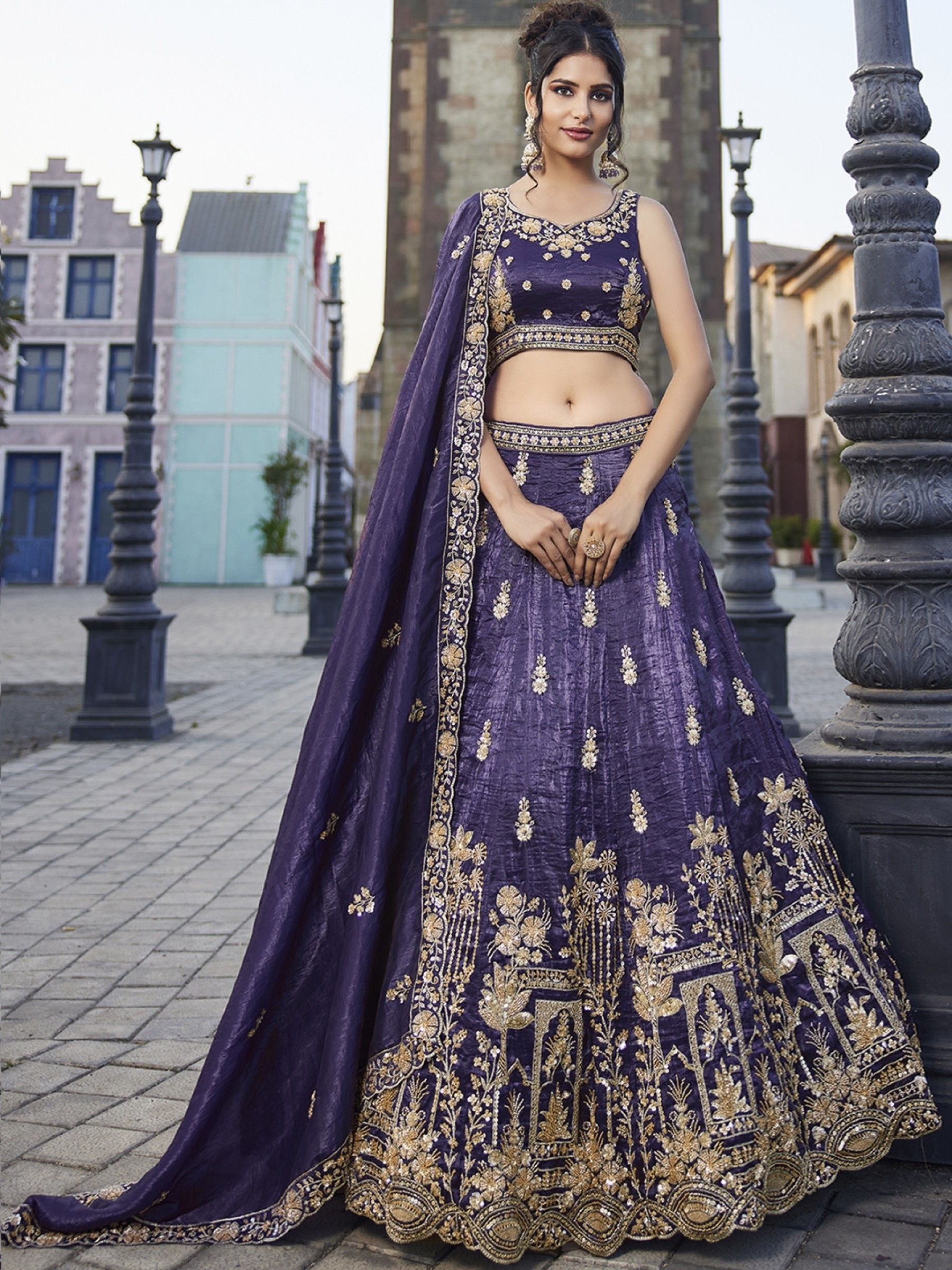 Pure Tissue Silk Fabric Wedding Wear Lehenga In Purple Color With Embroidery Work    