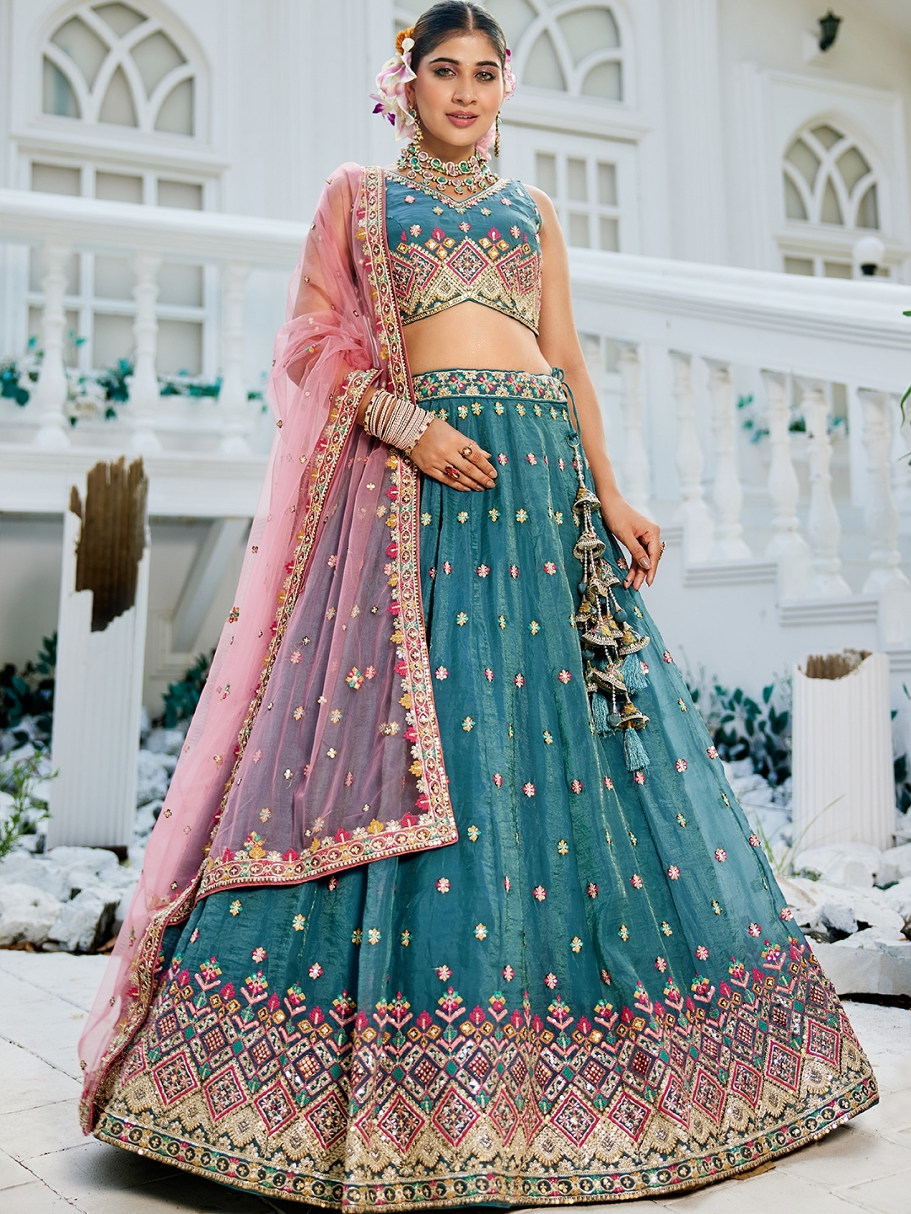 Pure Tissue Silk fabric Wedding Wear Lehenga In Teal Color With Embroidery Work 