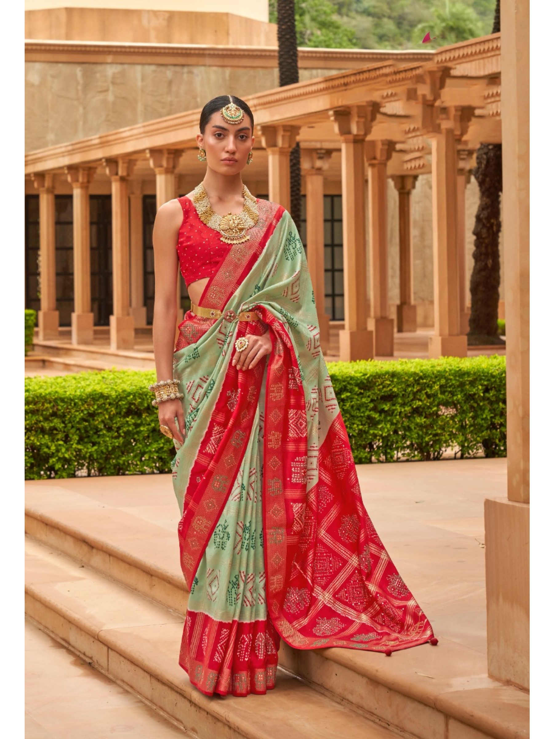  Patola  Silk Party Wear Saree In Green & Red Color 