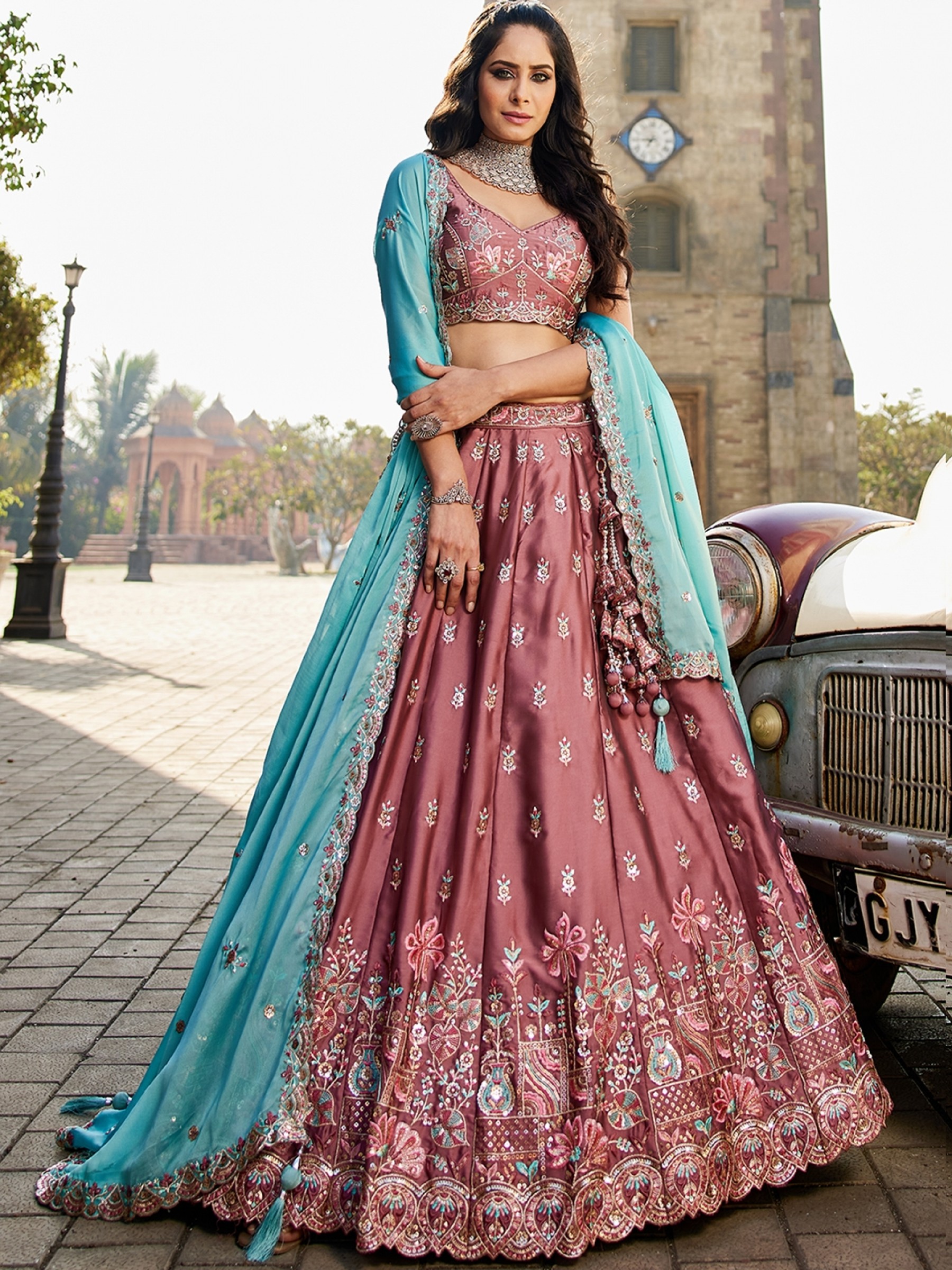 Pure Georgette Silk fabric Wedding Wear Lehenga In Rose Gold Color With Embroidery Work 
