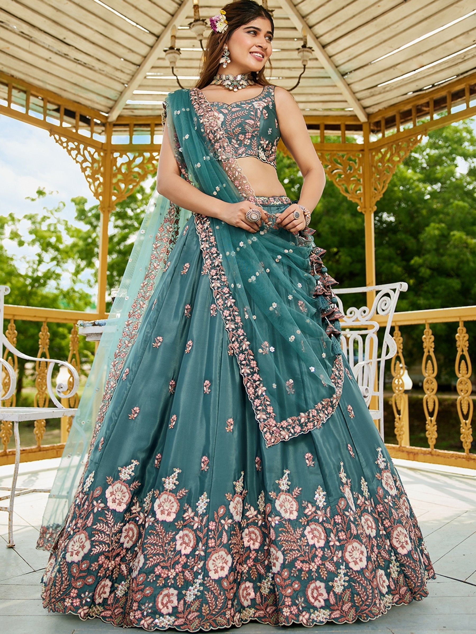 Pure Satin Silk fabric Party Wear Lehenga In Teal Color With Embroidery Work 