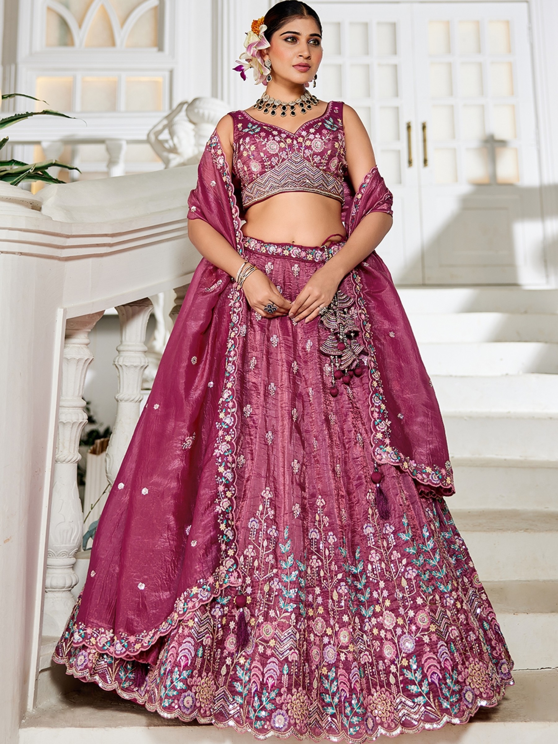 Pure Tissue Silk fabric Party Wear Lehenga In Burgundy Color With Embroidery Work 