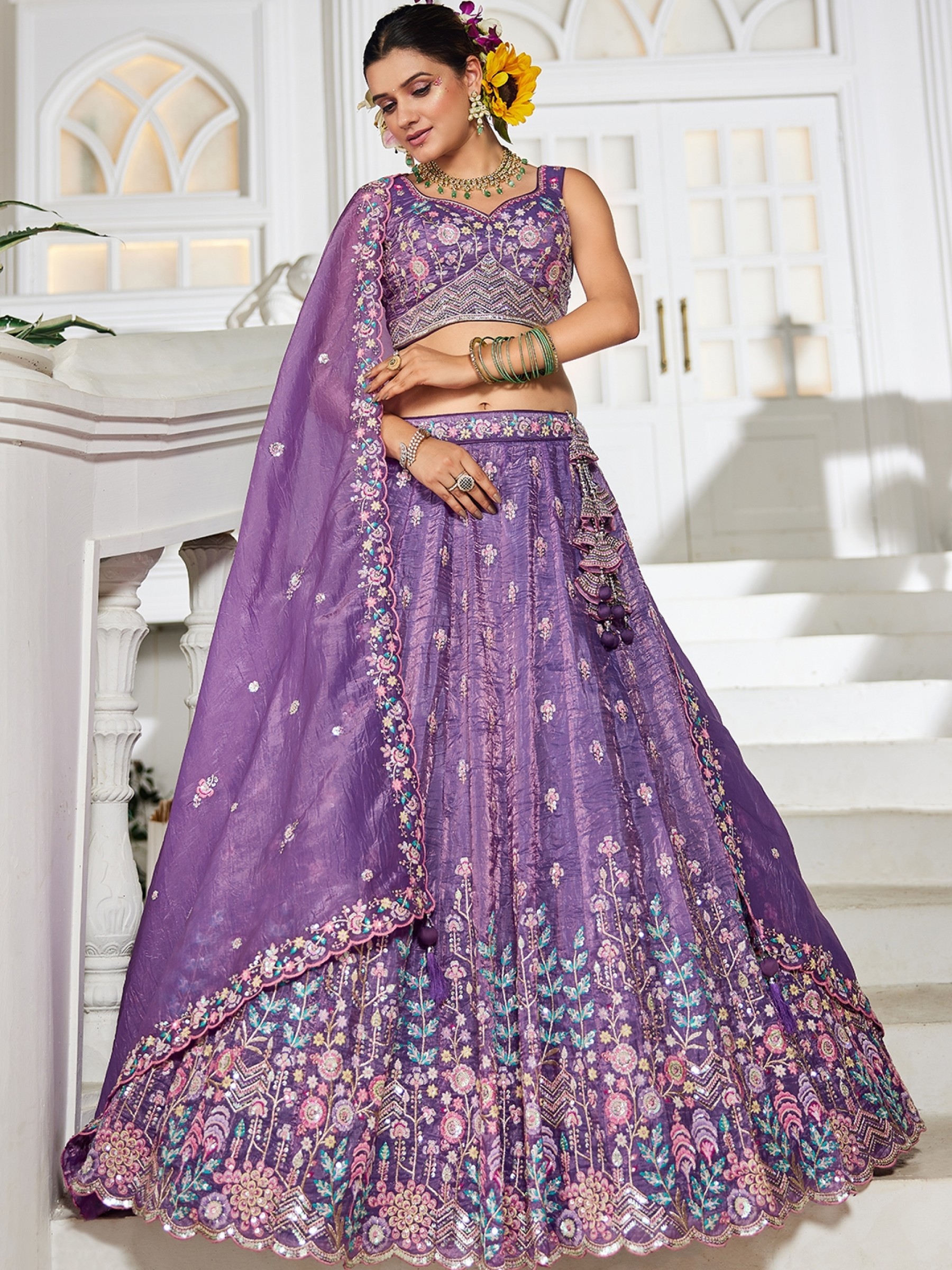 Pure Tissue Silk fabric Party Wear Lehenga In Purple Color With Embroidery Work 
