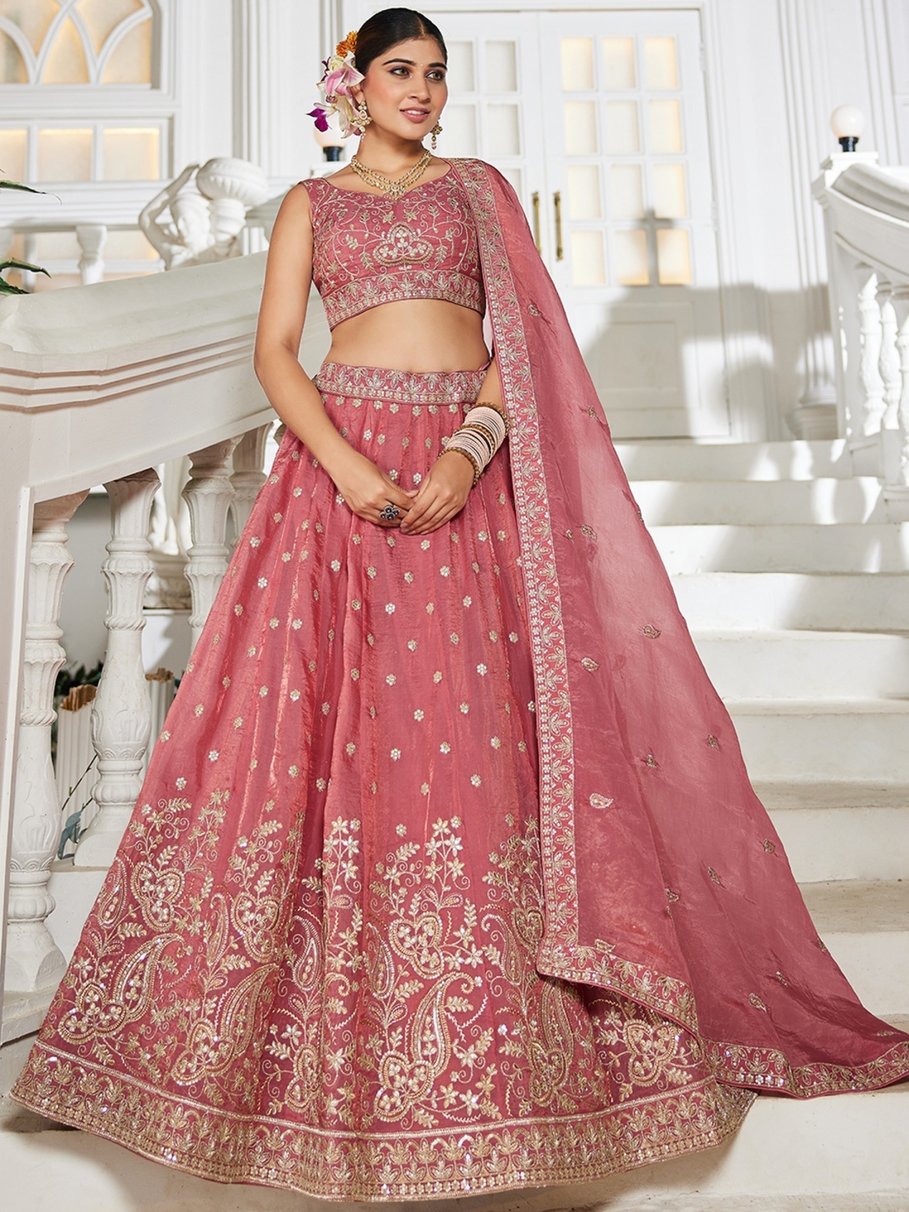 Pure Tissue Silk Fabric Lehenga In Pink Color With Embroidery Work 