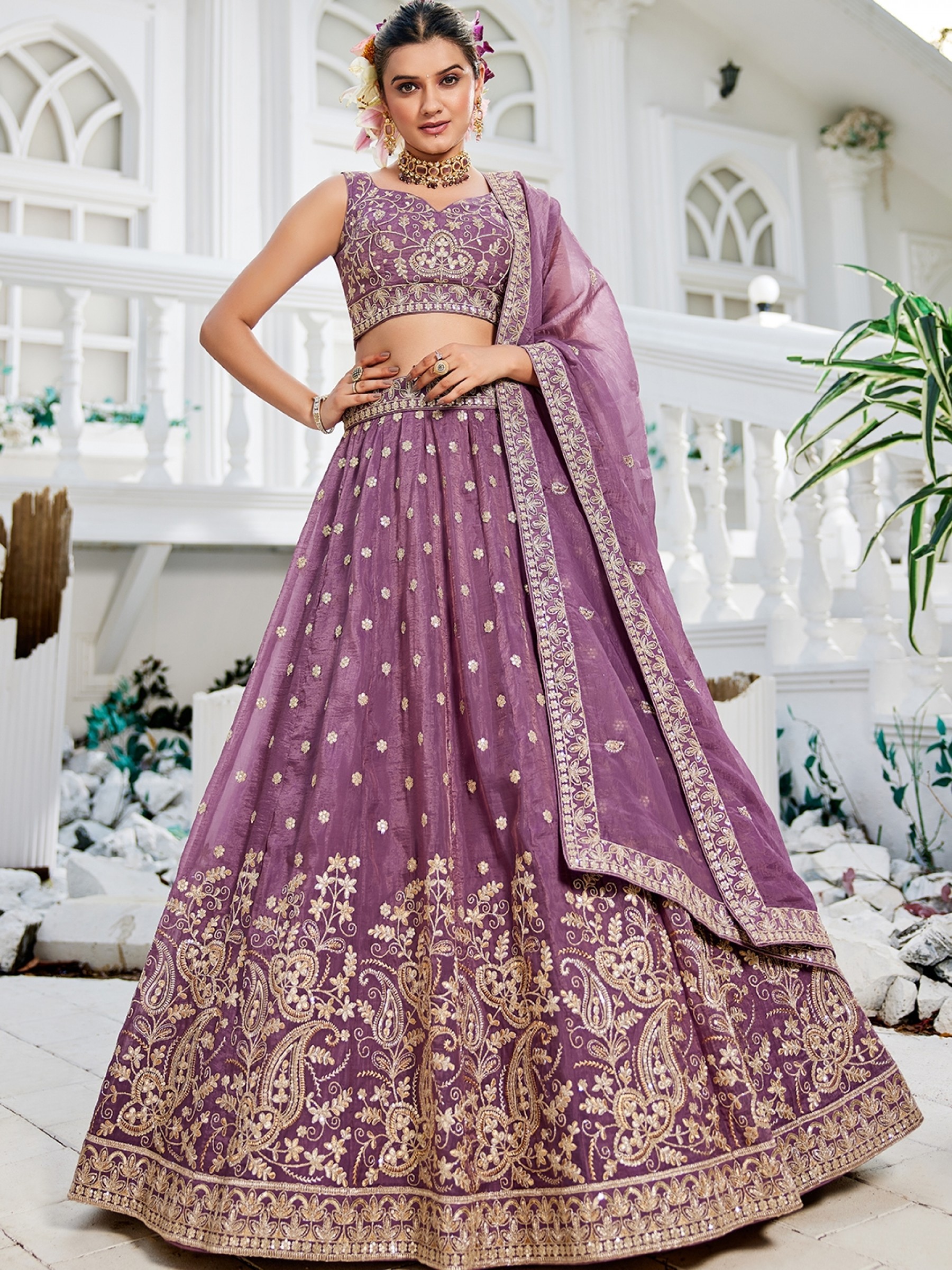 Pure Tissue Silk Fabric Lehenga In Lavender Color With Embroidery Work 