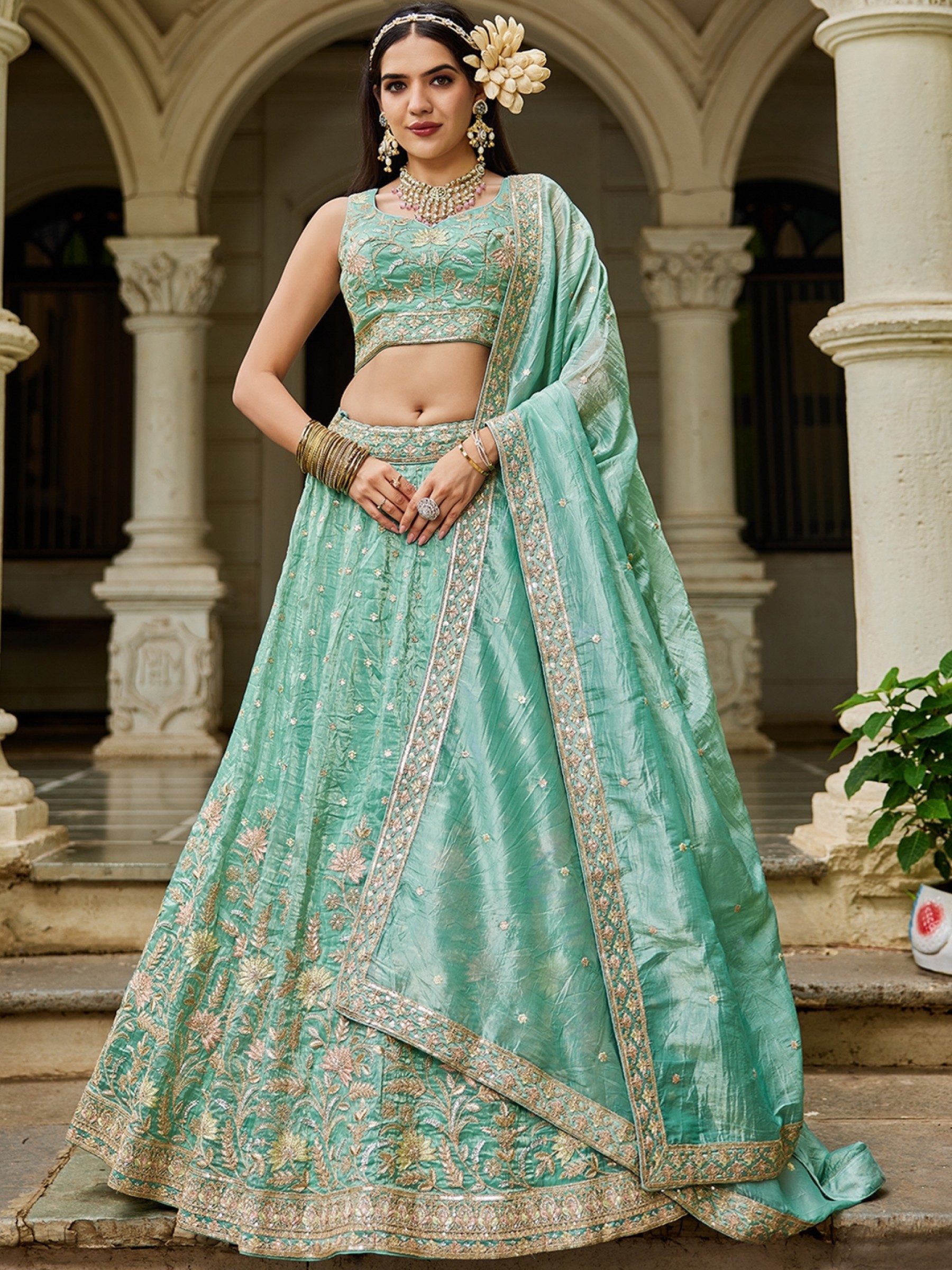 Pure Tissue Silk Fabric Lehenga In Sea Green Color With Embroidery Work 