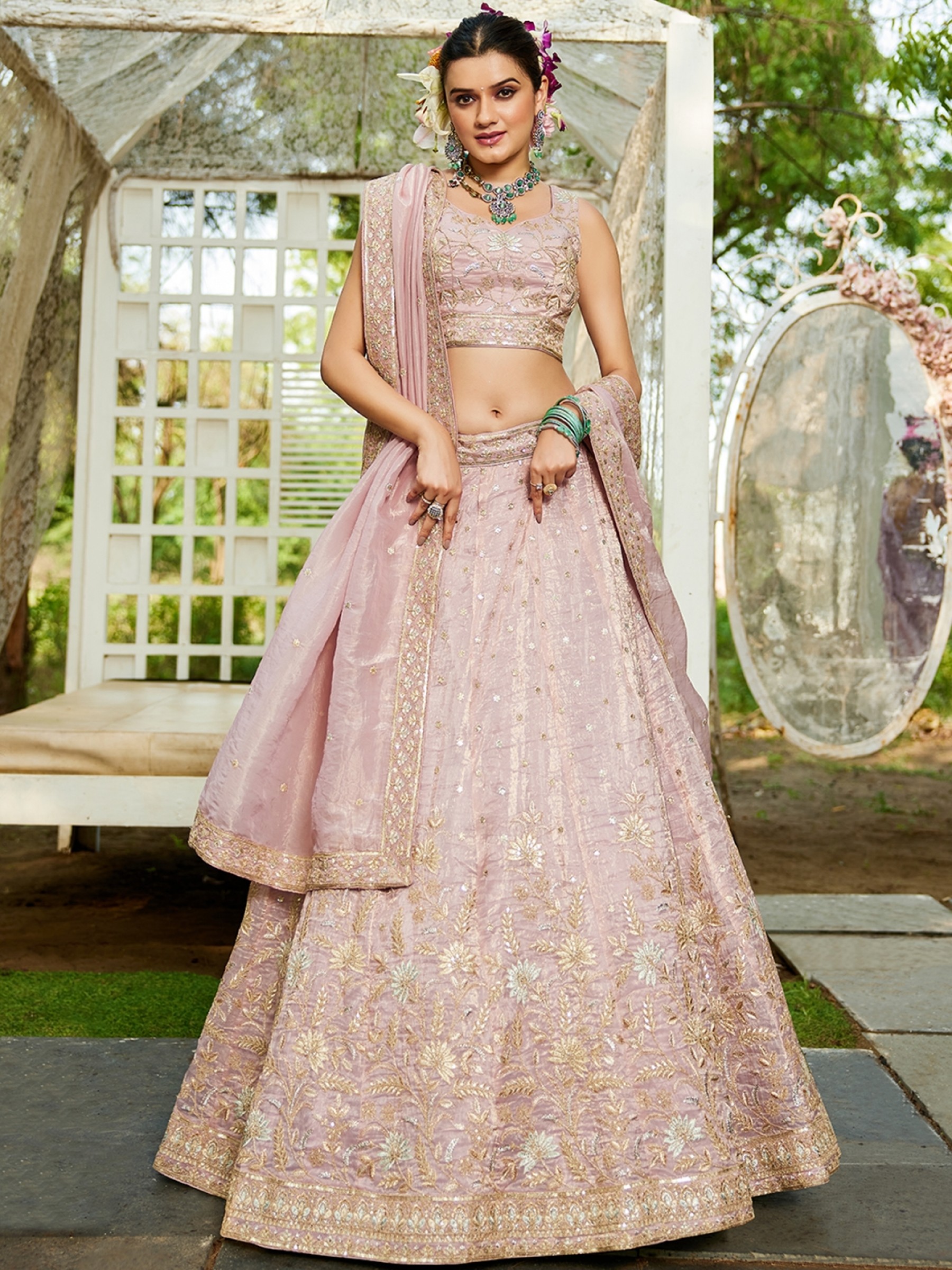 Pure Tissue Silk Fabric Lehenga In Mauve Color With Embroidery Work 