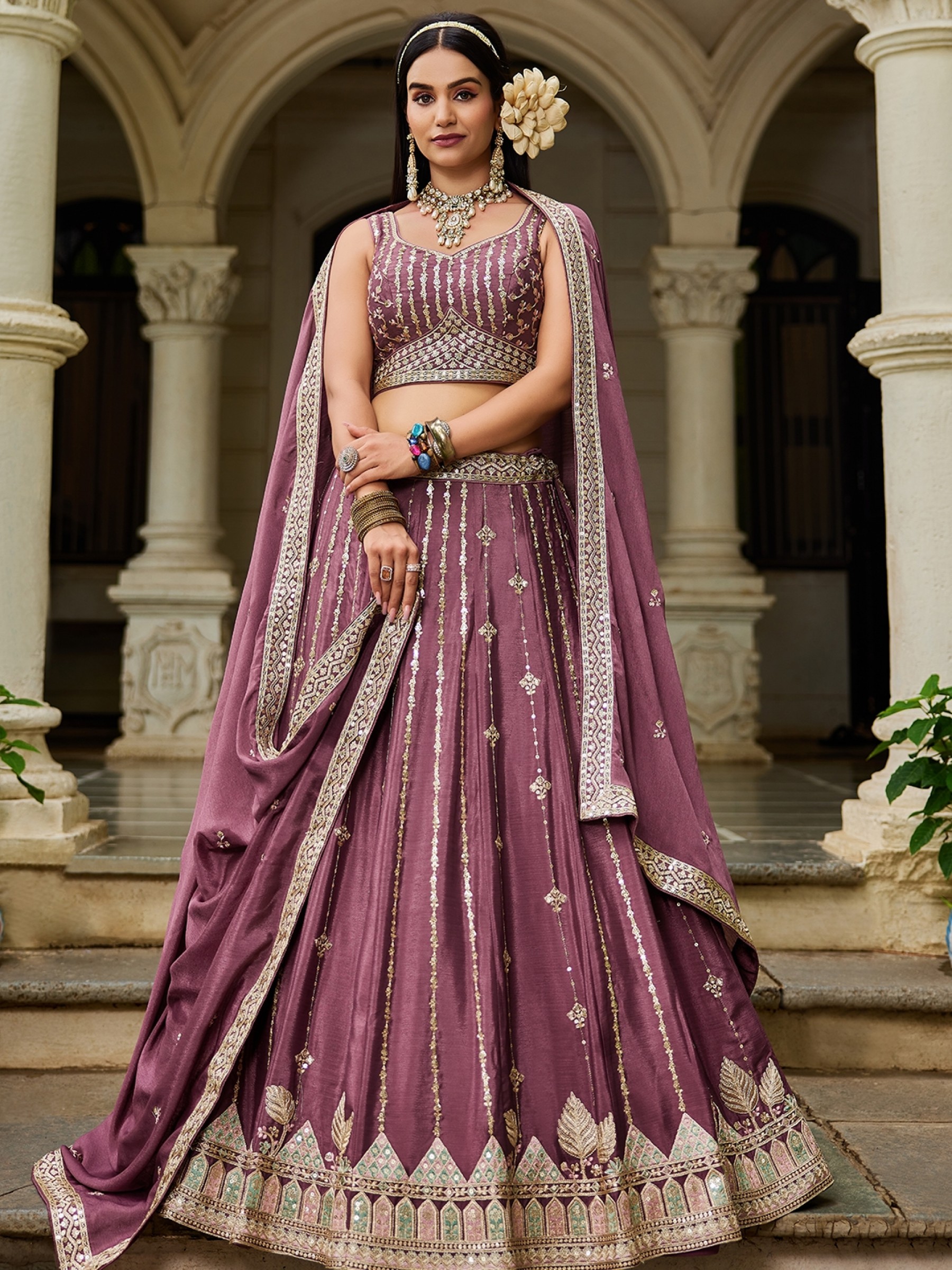 Georgette Silk Party wear Lehenga In Rose Gold Color With Embroidery Work 