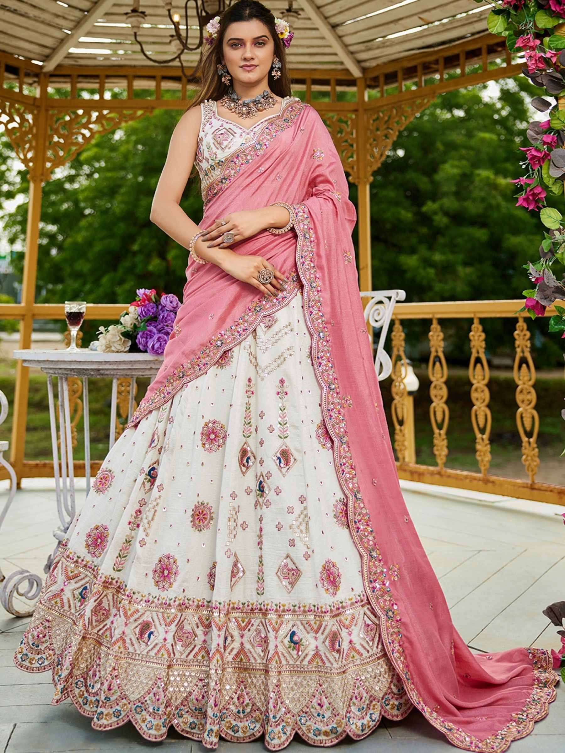 Georgette Silk Party wear Lehenga In Cream Color With Embroidery Work 