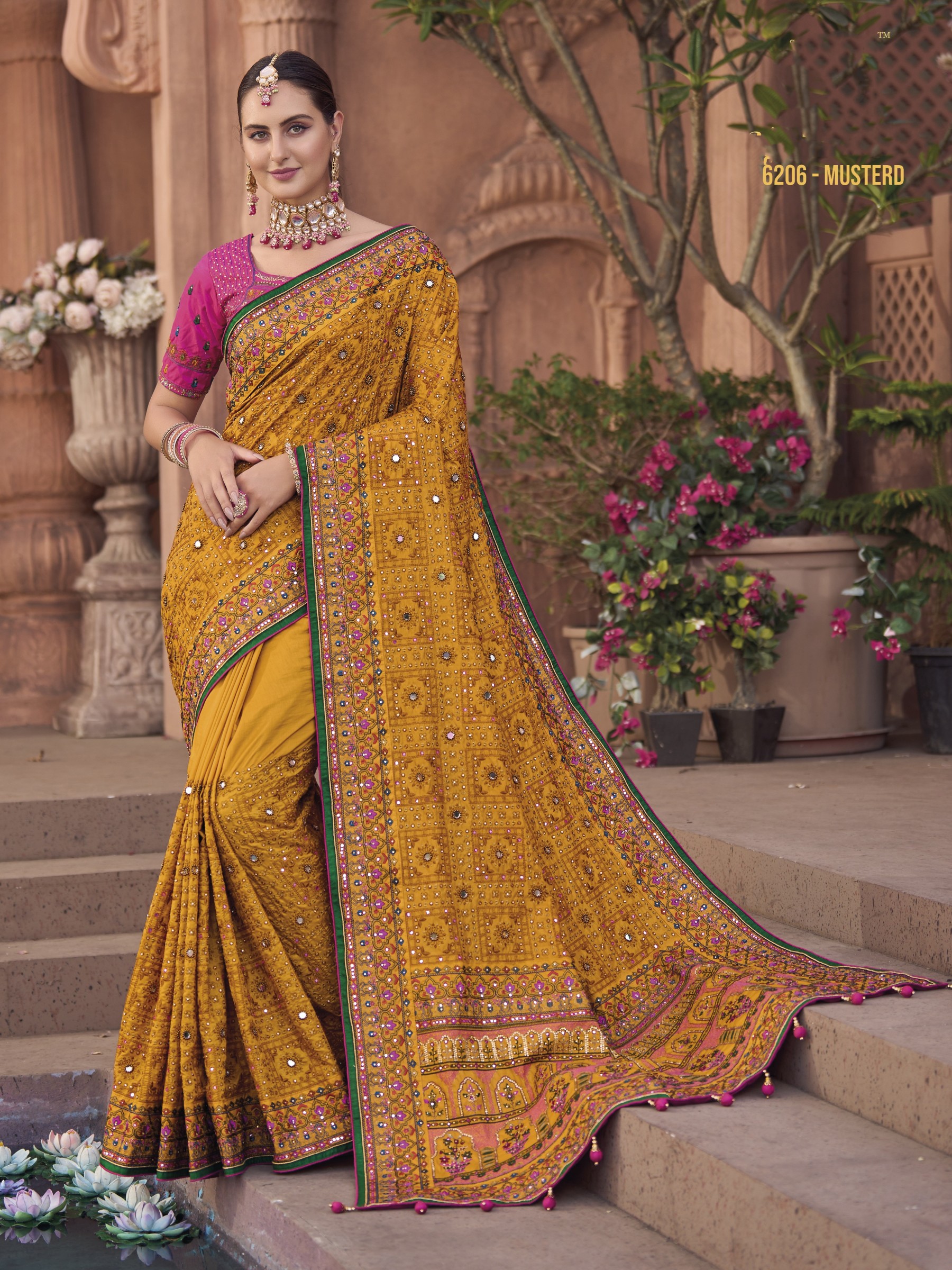 Pure Silk Wedding To Wear Saree Mustard Color With Embroidery Work