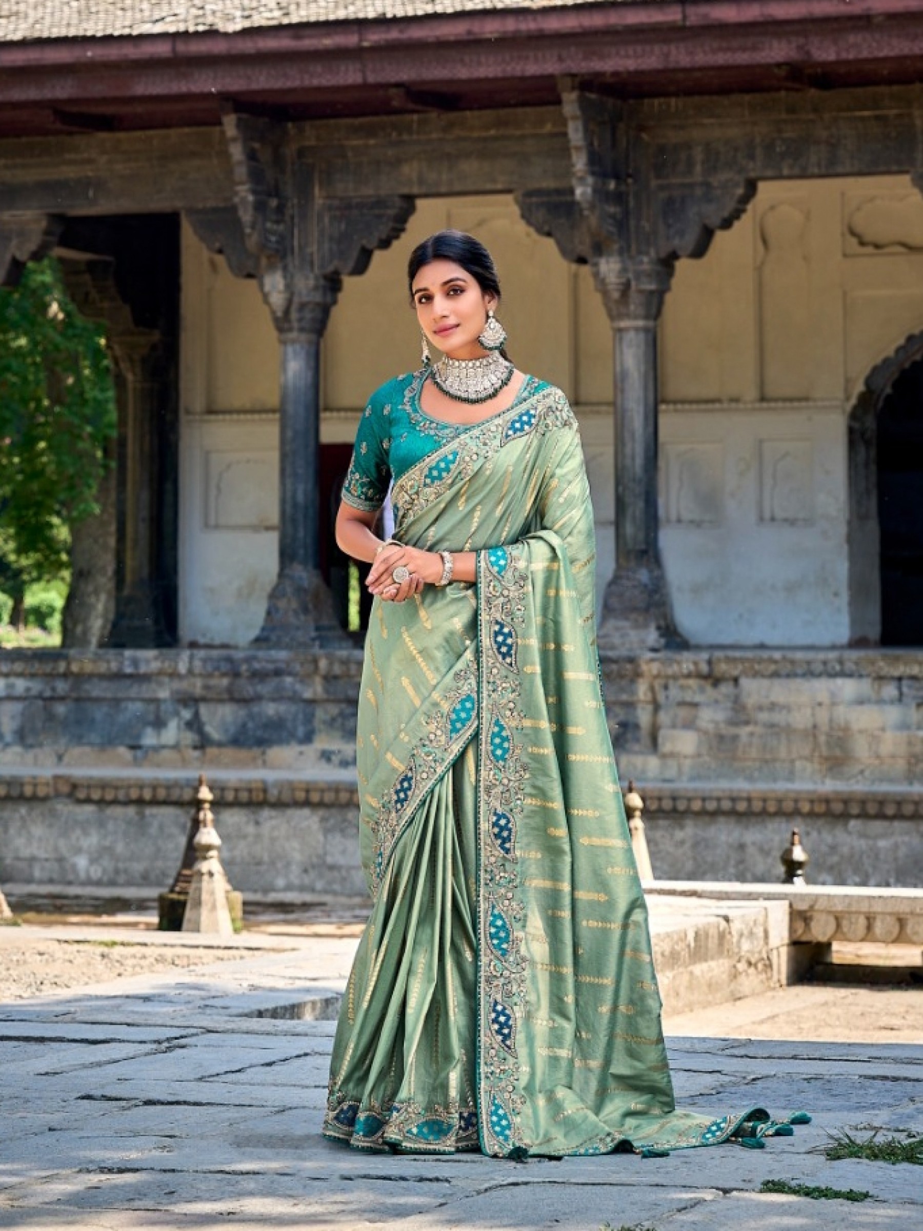 Pure Dola Silk Saree In Turquoise Color With Embroidery Work