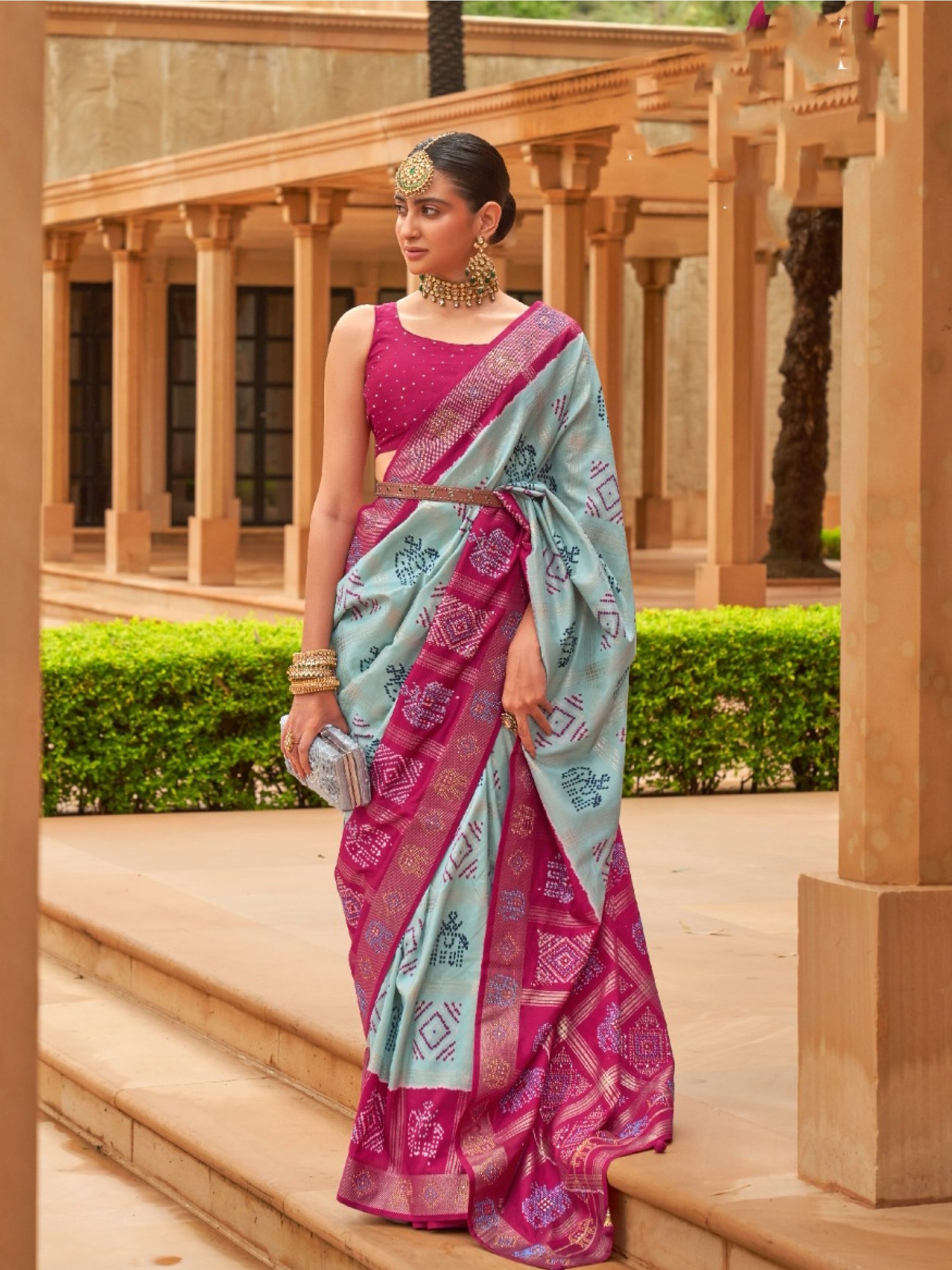  Patola  Silk Party Wear Saree In Pink & Blue Color 