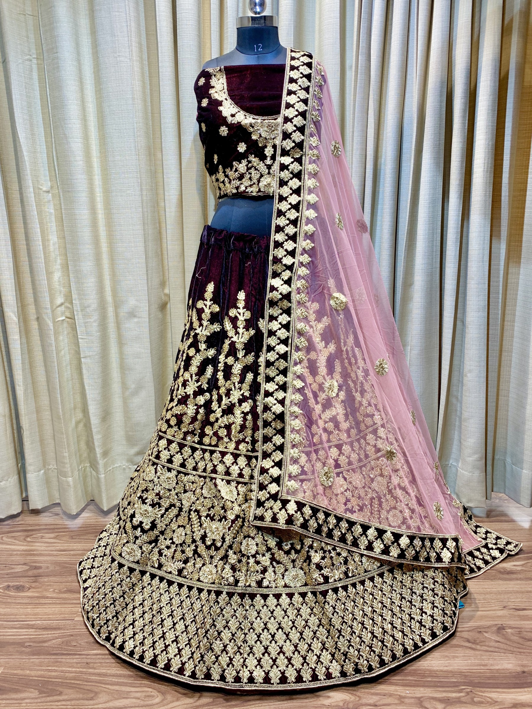 Pure Micro Velvet Wedding Wear Lehenga in Dark Maroon  color With Embroidery Work & Stone Work