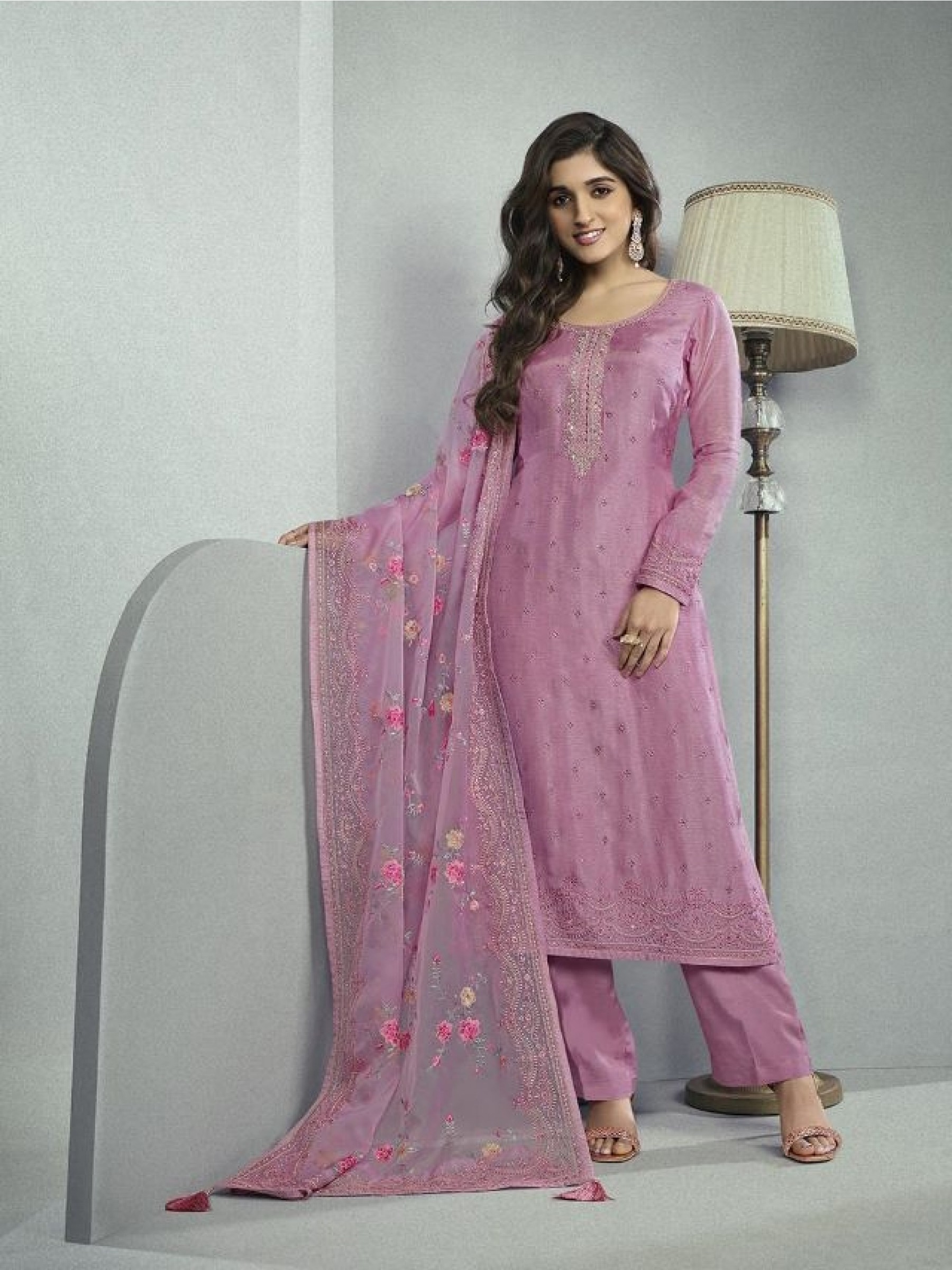 Pure Dola  Silk Party Wear Suit in Light Purple Color with Embroidery Work