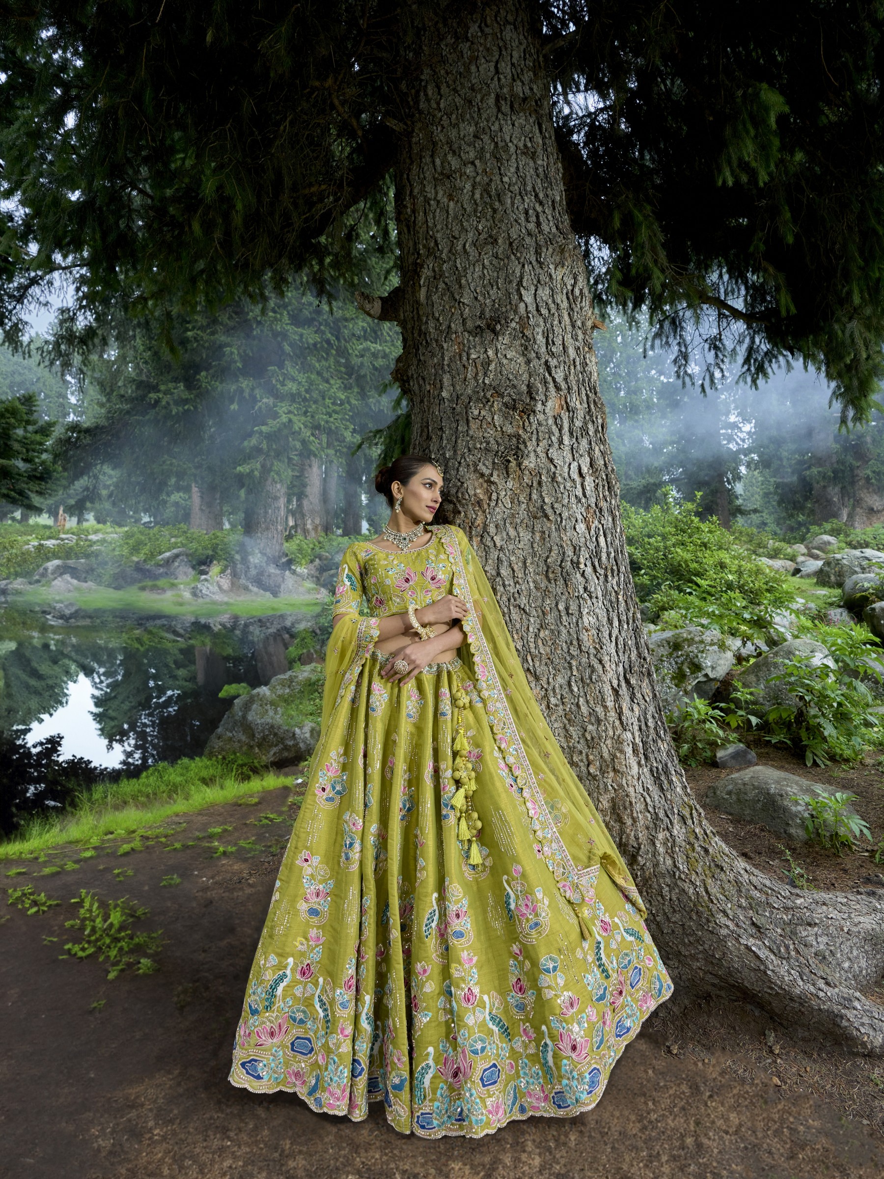 Pure Dola Silk Wedding Lehenga in Lemon Green Color With Embroidery work