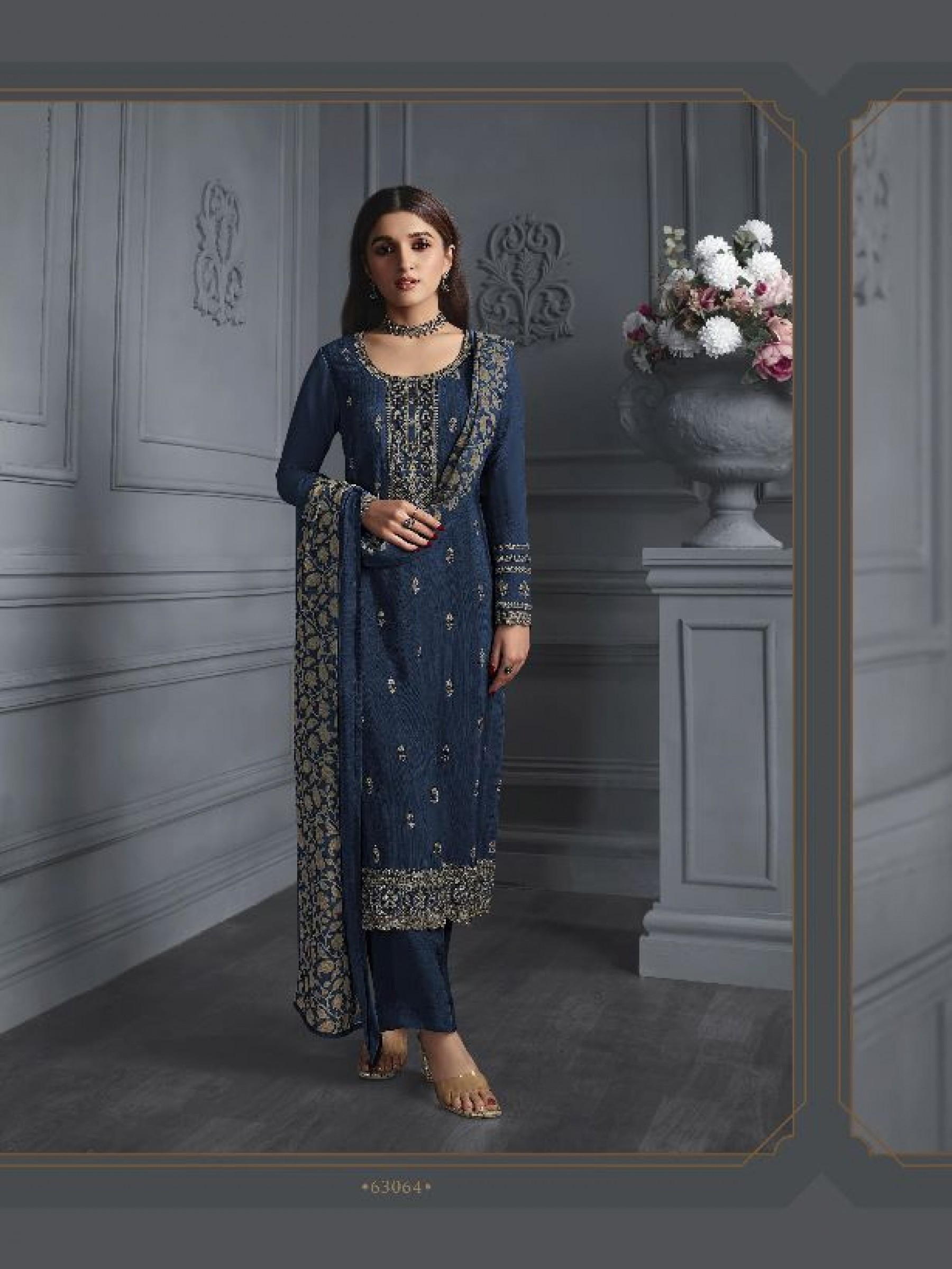 Crepe  Silk  Party Wear Suit in  Blue Color with Embroidery Work