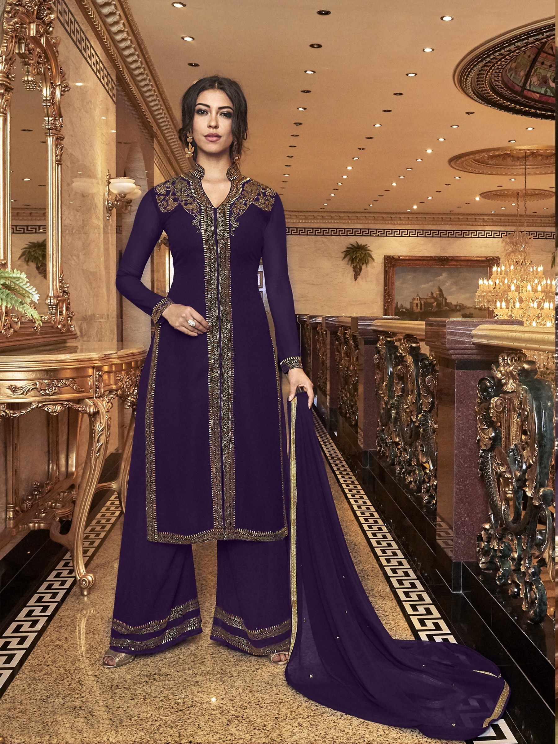 Soft Georgette Party wear in Purple with Stone work