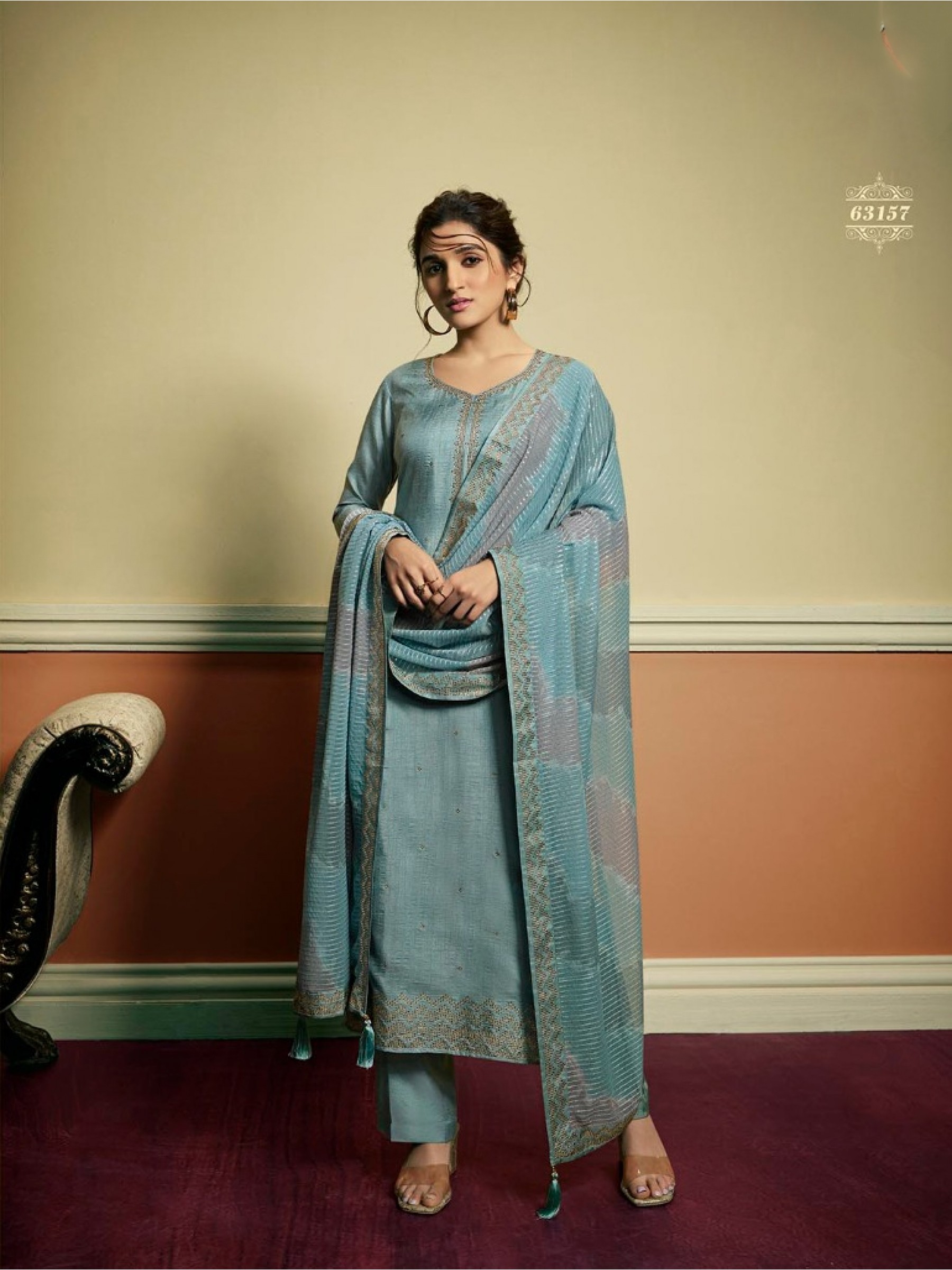 Pure Dola Silk Party Wear Suit in Sea Blue Color with Swarovski Work