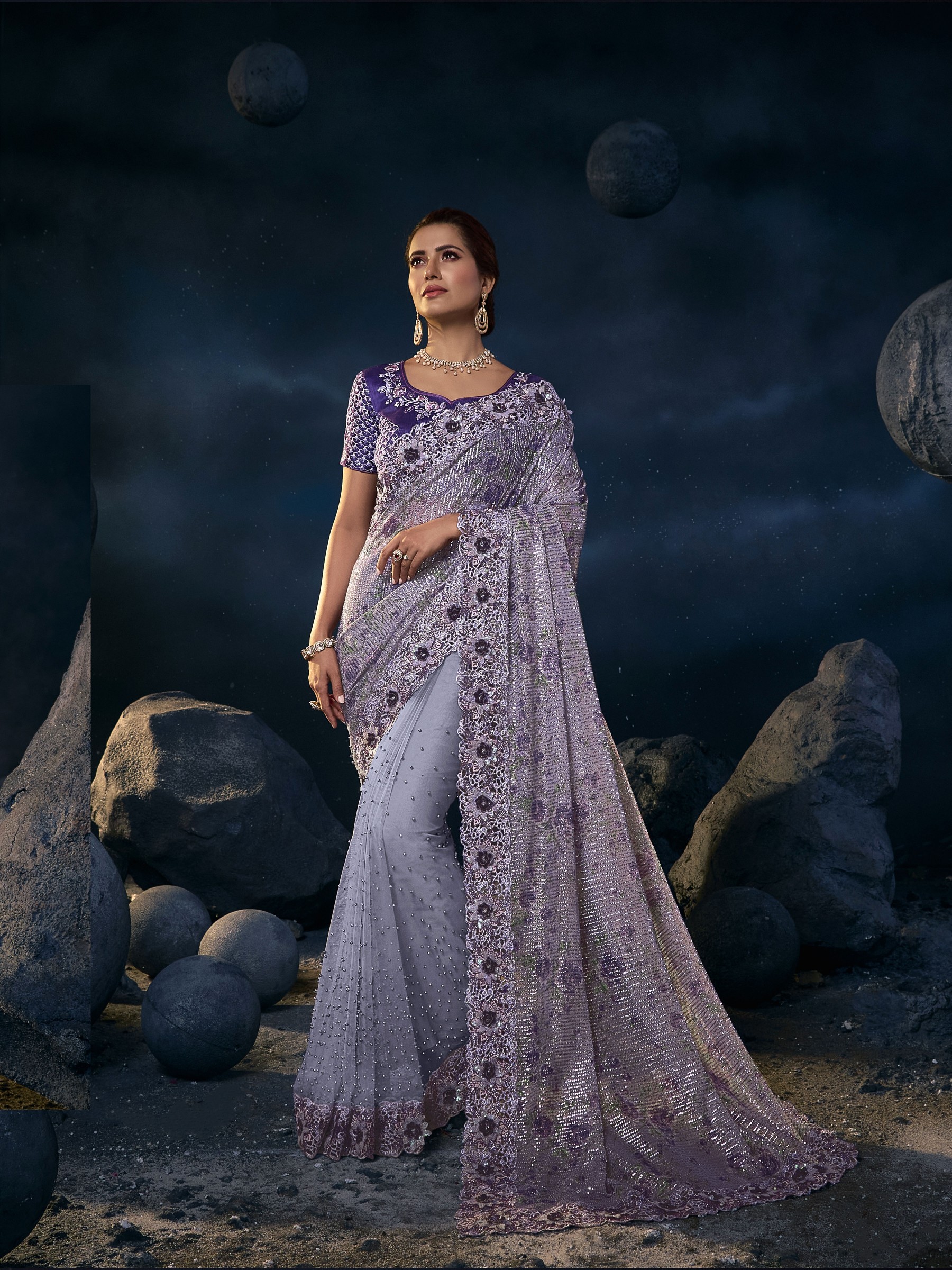 Pure Imported   With Net Wedding Wear Saree In Purple Color With Embroidery Work 