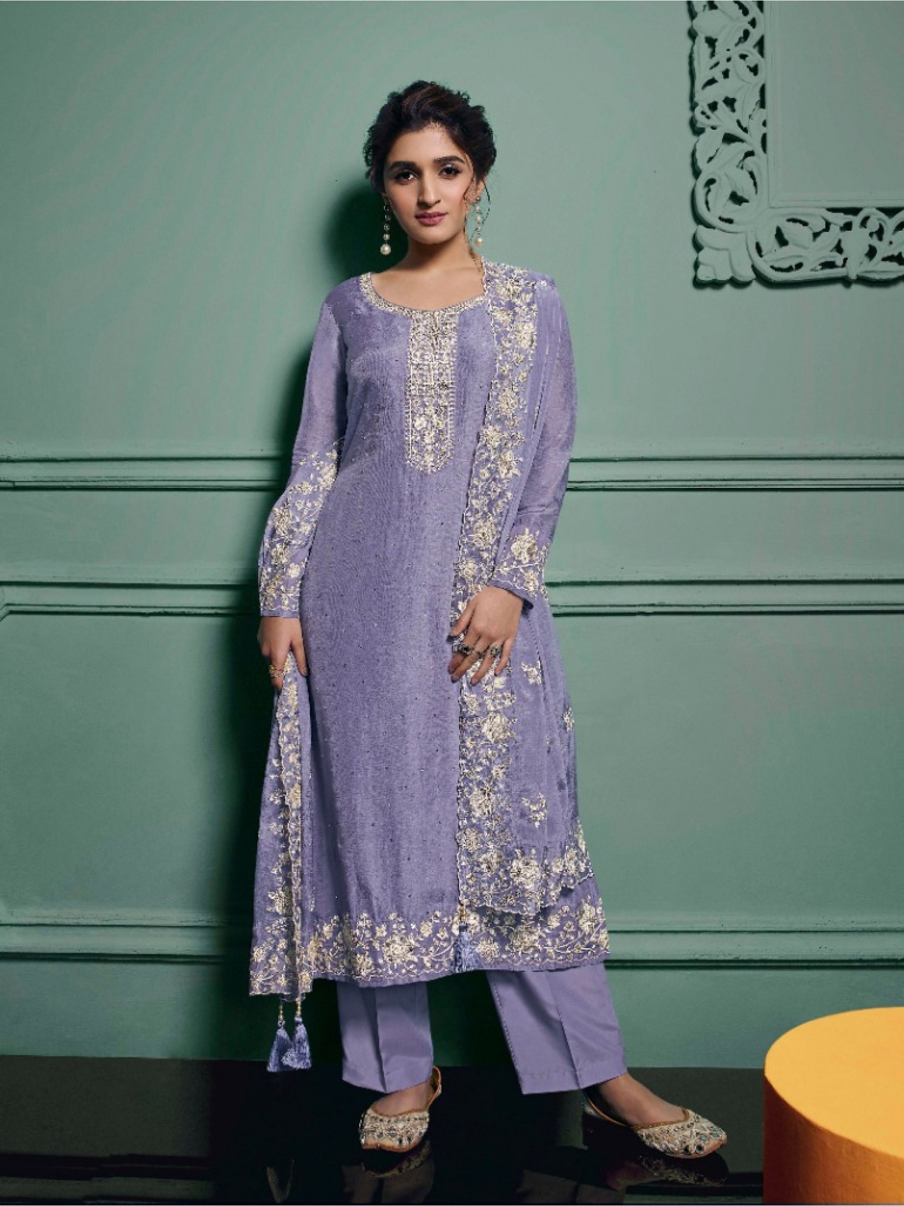 Pure Dola  Silk Party Wear Suit in Lavender Color with Embroidery Work