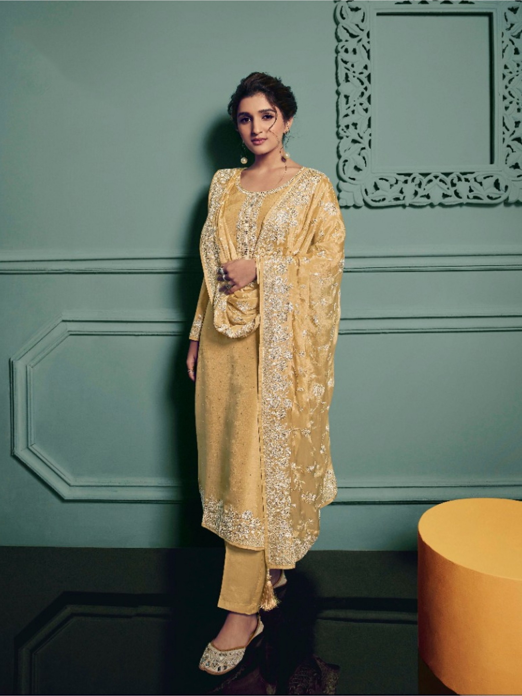 Pure Dola Silk Party Wear Suit in Golden Color with Embroidery Work