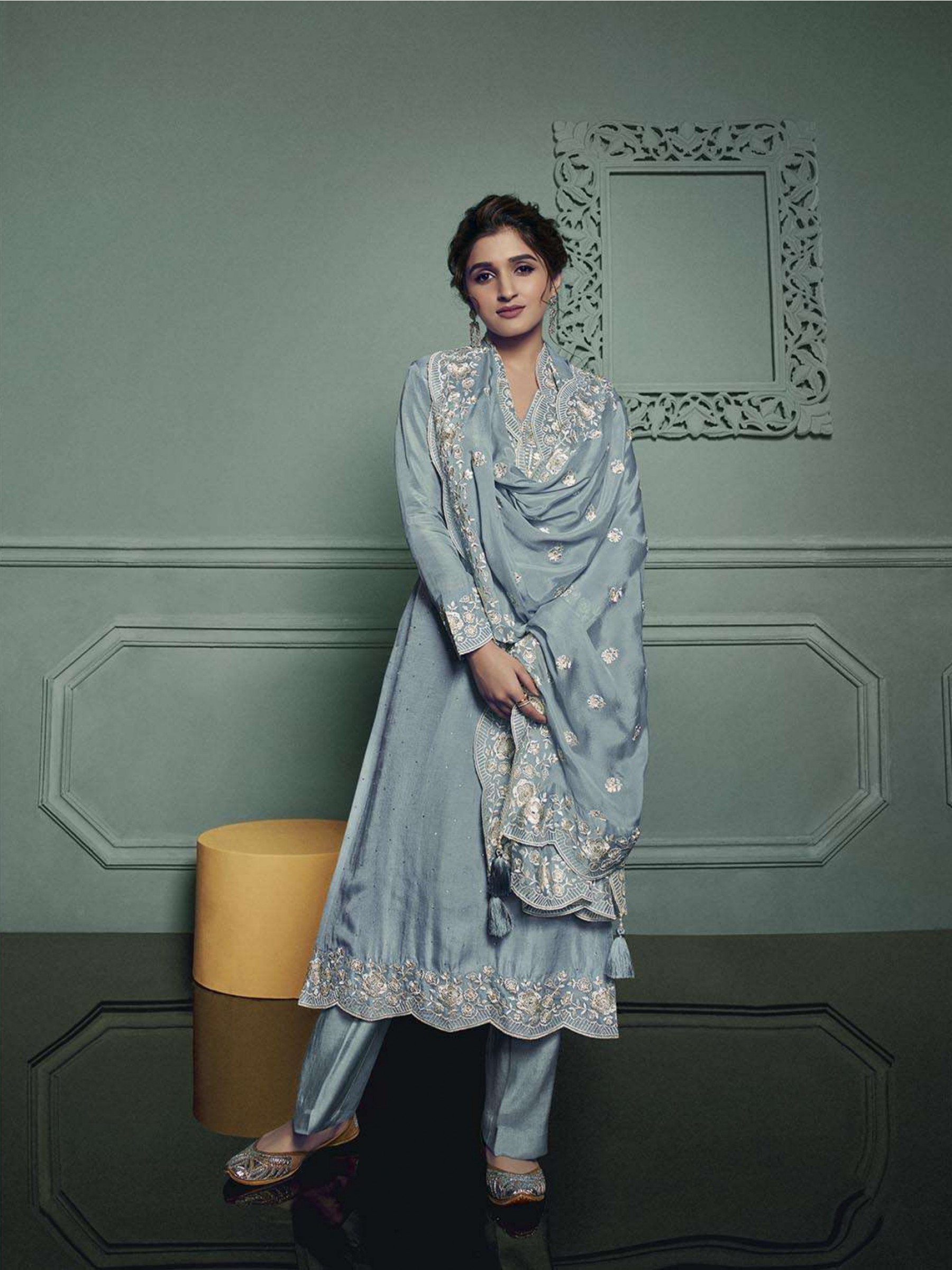 Pure Dola  Silk Party Wear Suit in Sea Blue Color with Embroidery Work