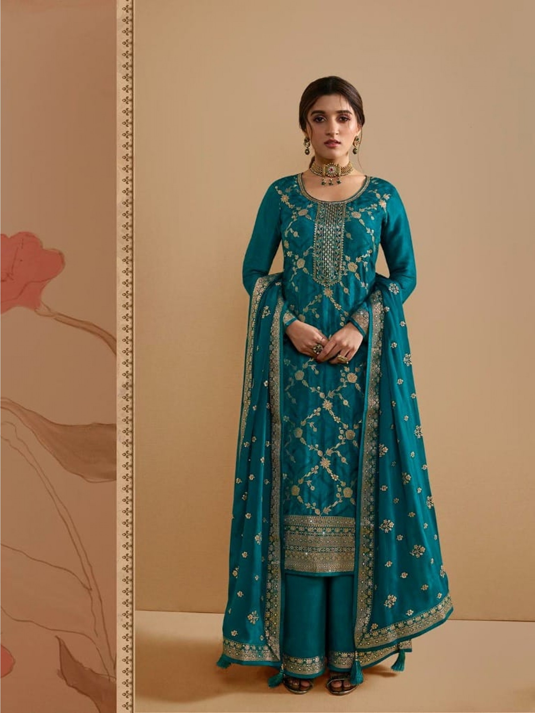 Pure Dola Jacquard  Silk Party Wear Suit in Blue Color with Embroidery Work