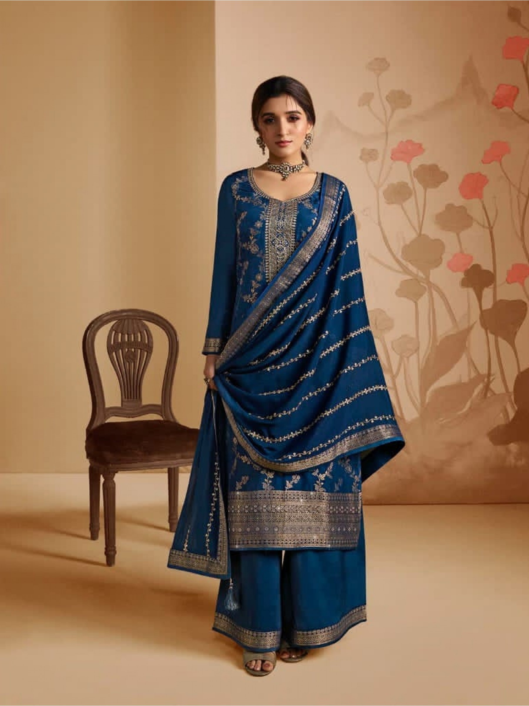 Pure Dola Jacquard  Silk Party Wear Suit in Teal Blue Color with Embroidery Work