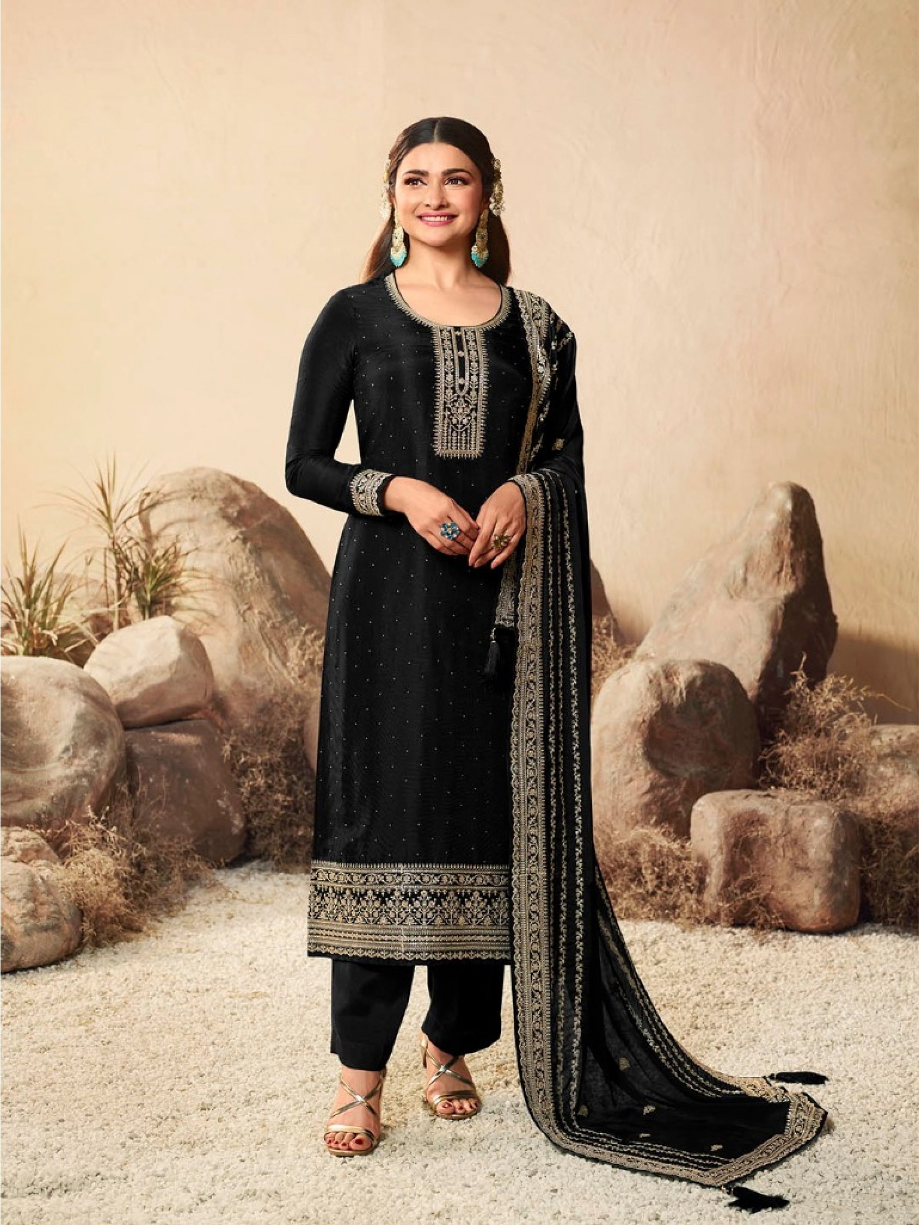 Pure Dola  Silk Party Wear Suit in Black Color with Embroidery Work