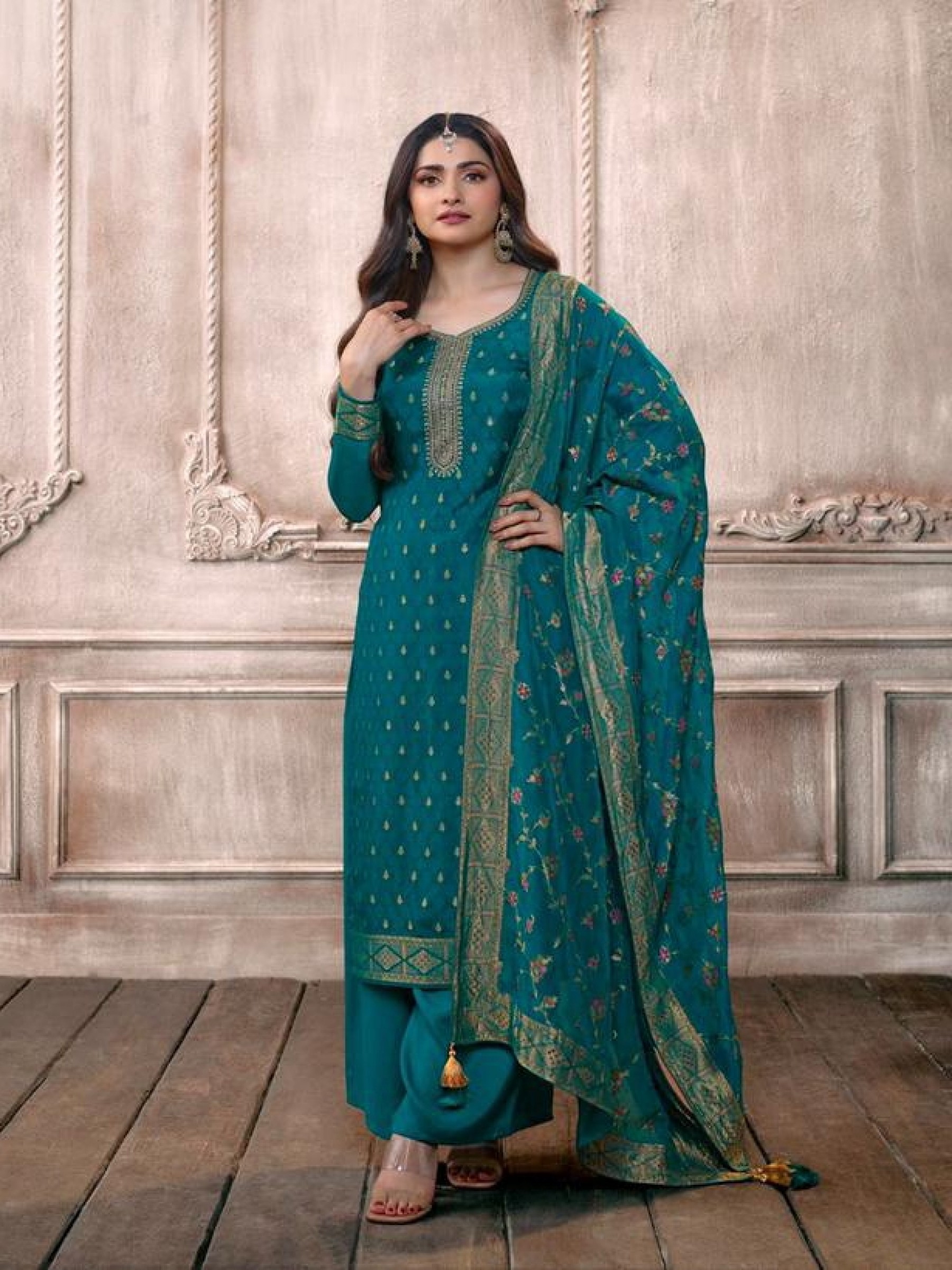 Pure Dola Jacquard Silk Party Wear Suit in Teal Blue Color with Embroidery Work