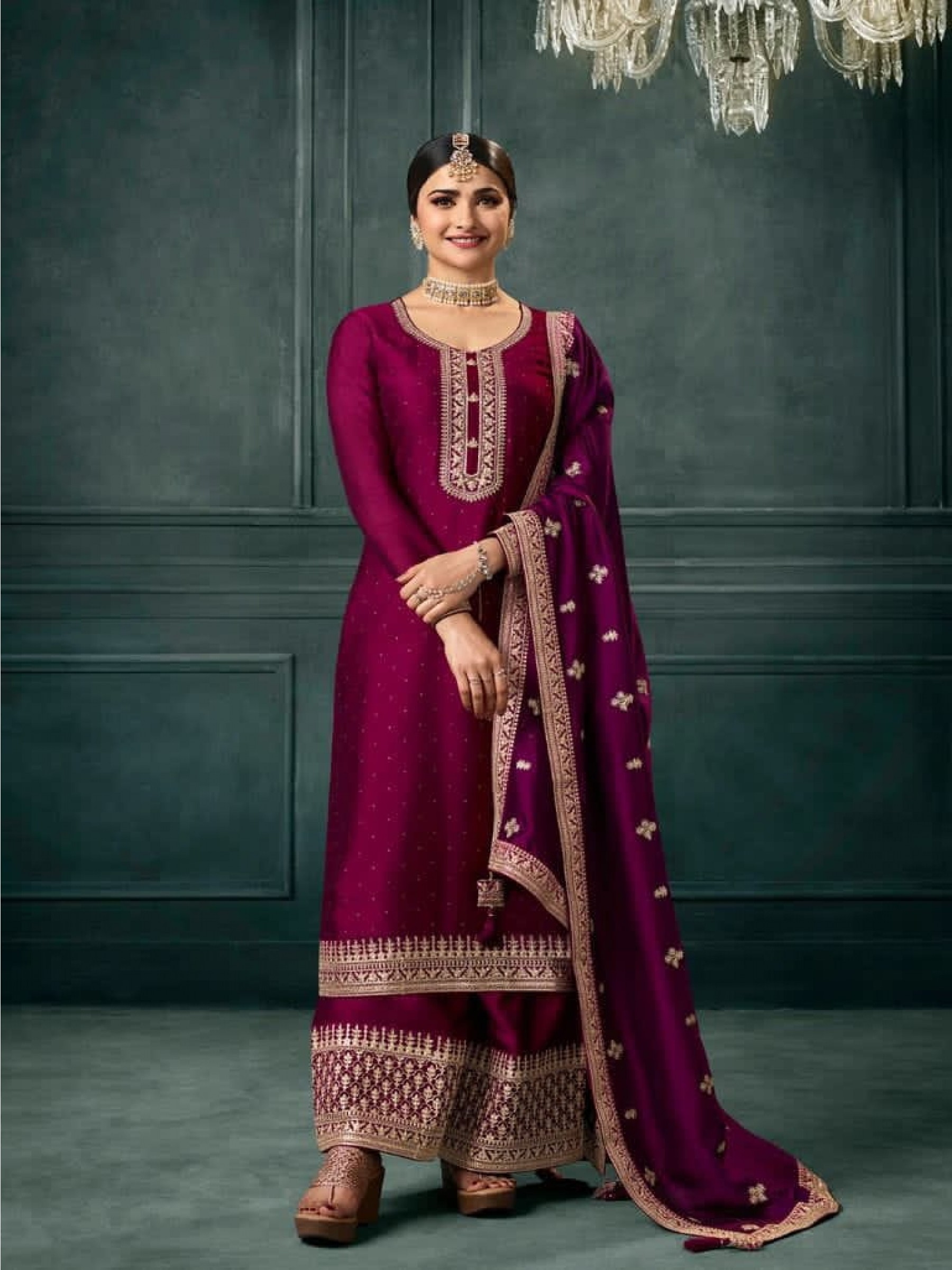 Georgette Silk  Party Wear  Suit  in Magenta Color with  Embroidery Work