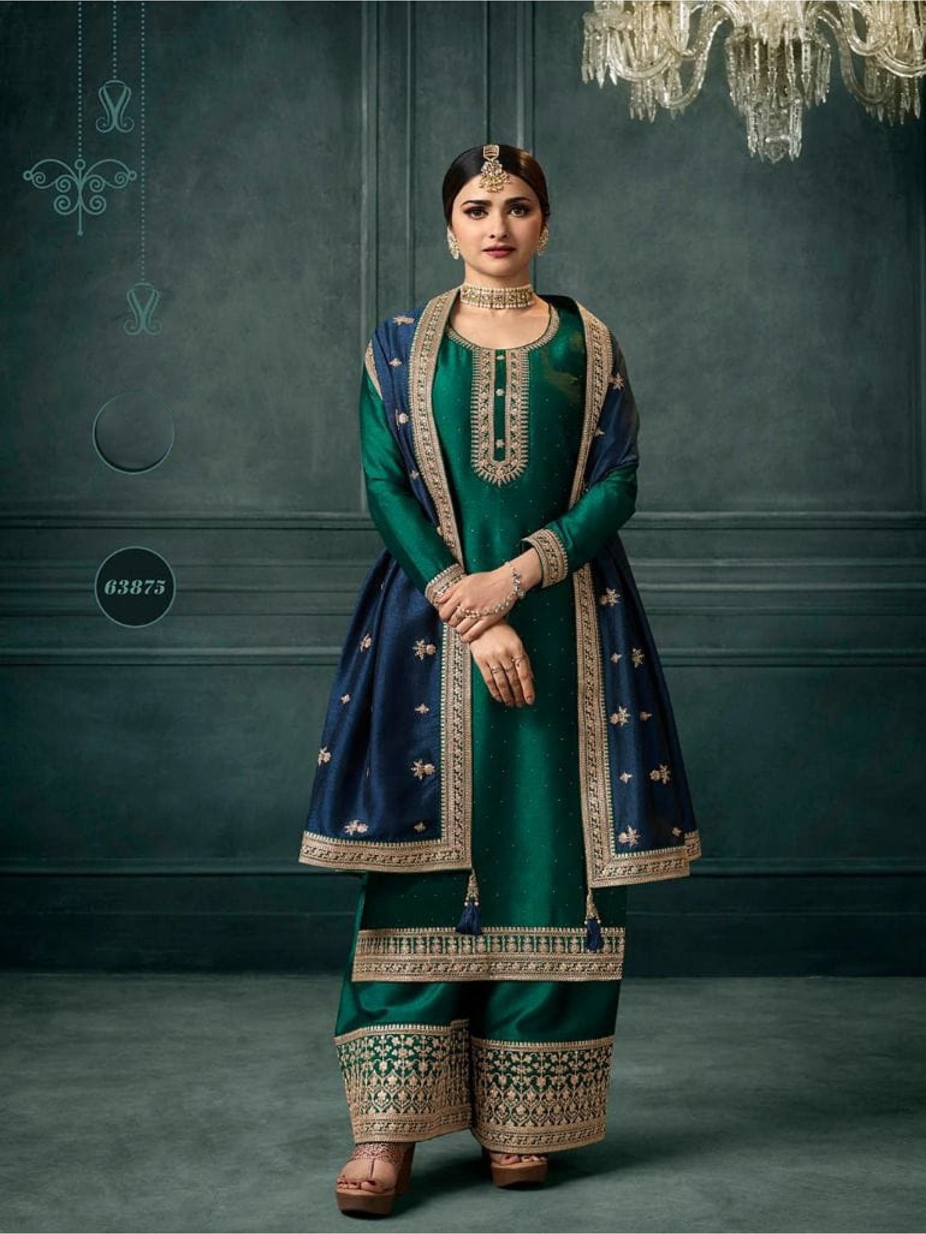  Georgette Silk  Party Wear  Suit  in Teal Green Color with  Embroidery Work