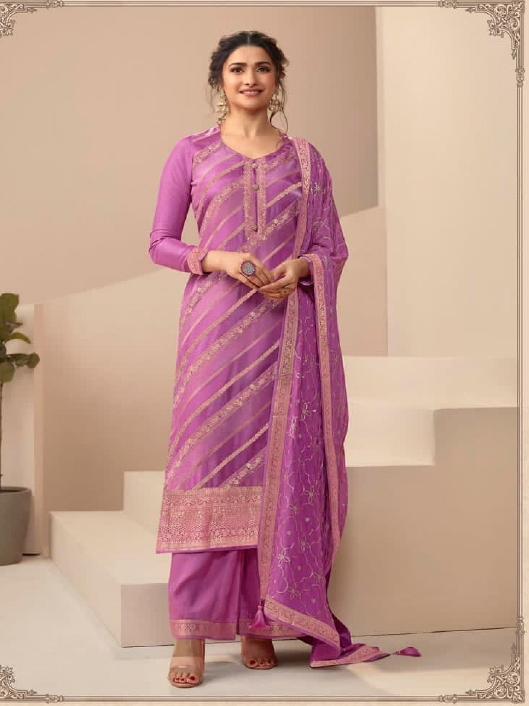 Pure Dola Jacquard Silk Party Wear Suit in Purple Color with Embrodiery Work