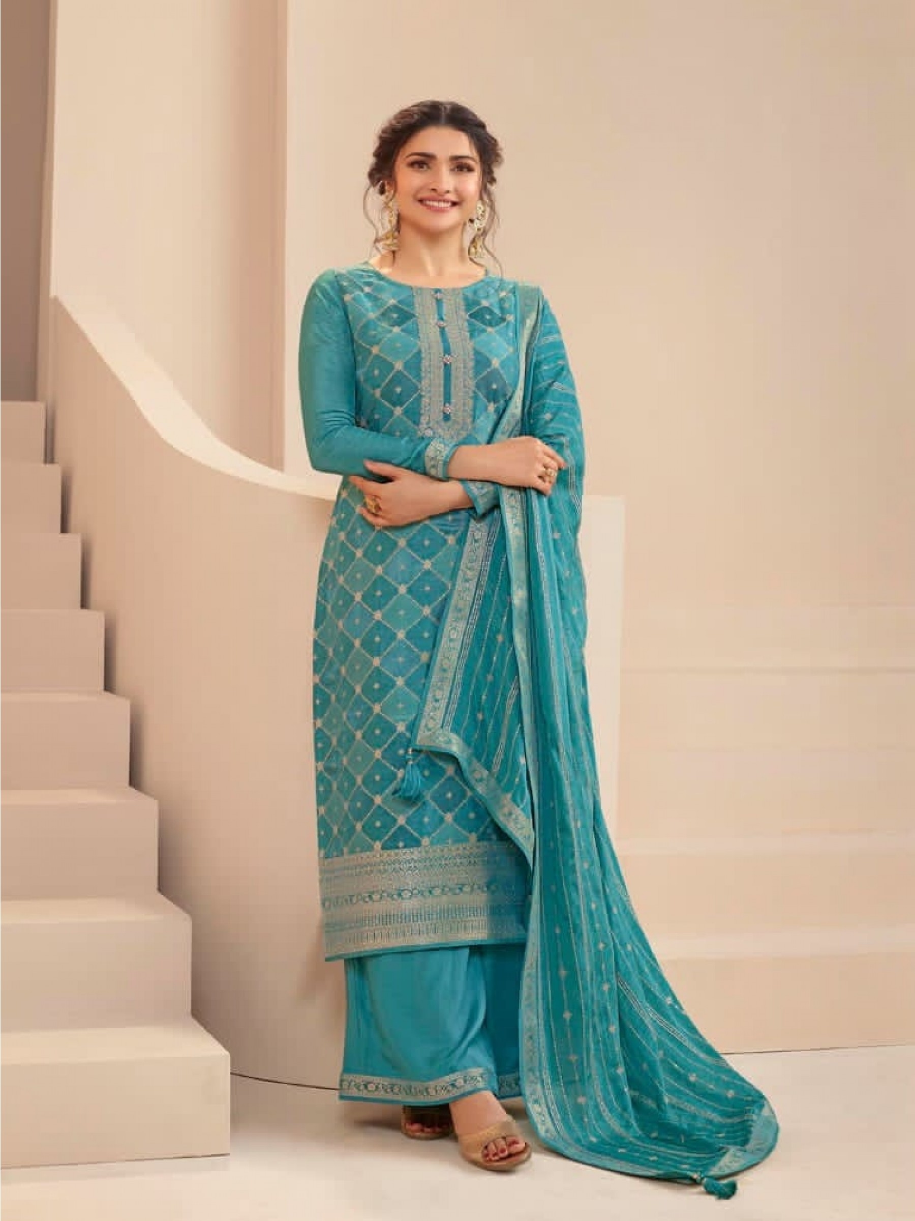Pure Dola Jacquard Silk Party Wear Suit in Sea Blue Color with Embroidery Work