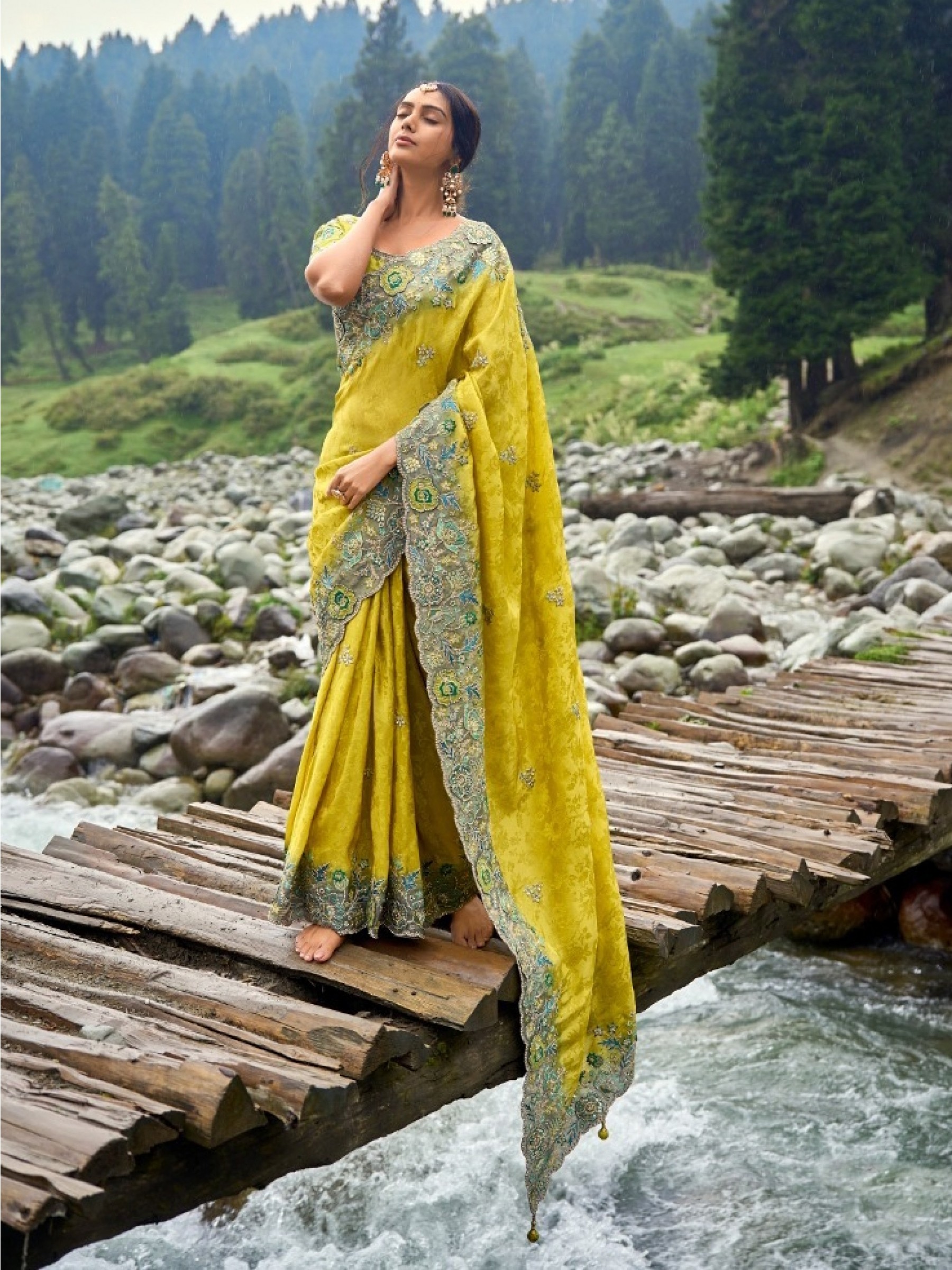 Pure Dola Silk Saree In Yellow Color With Embroidery Work