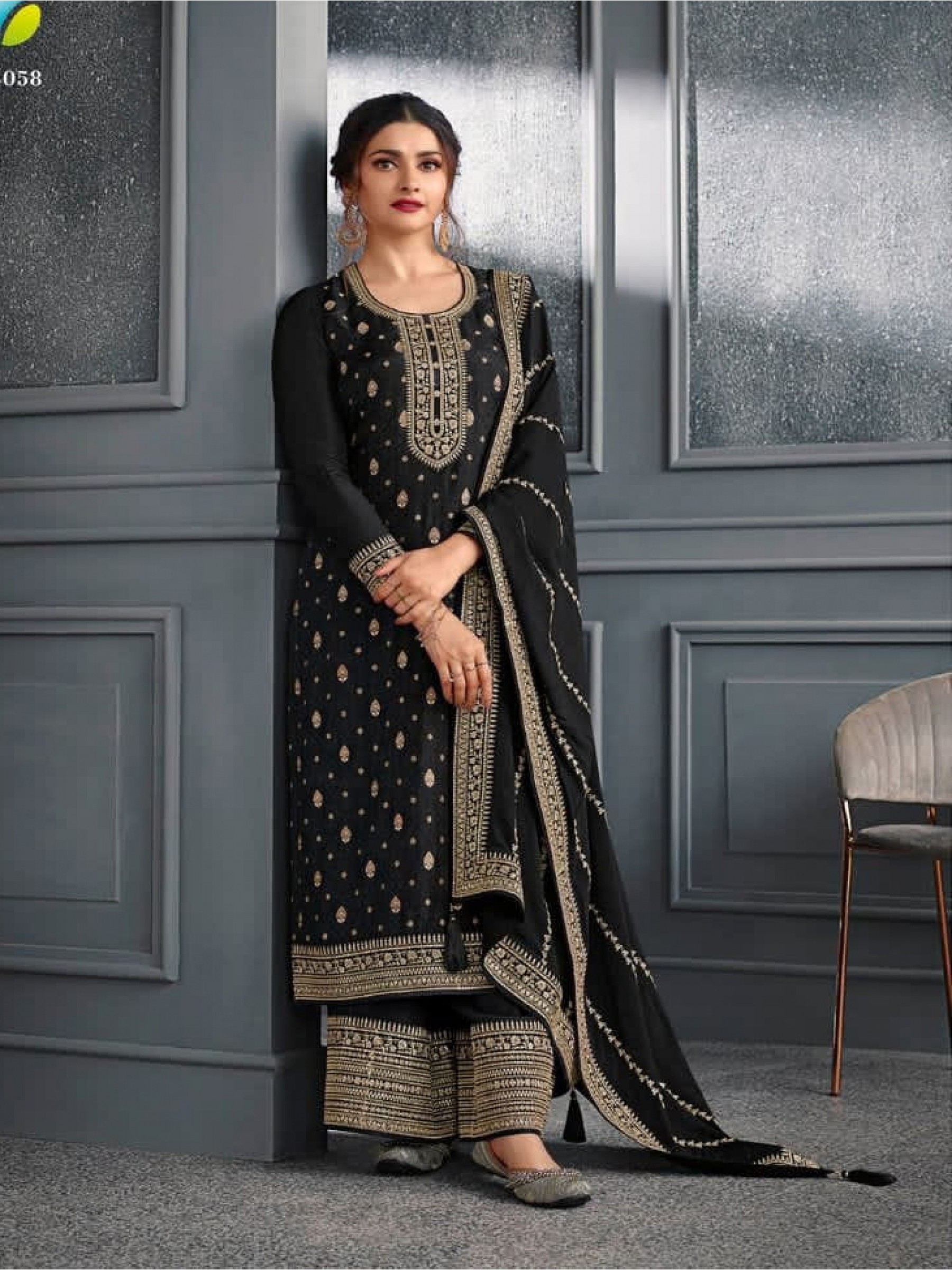 Pure Dola Jacquard  Silk Party Wear Plazo in Black Color with Embroidery Work