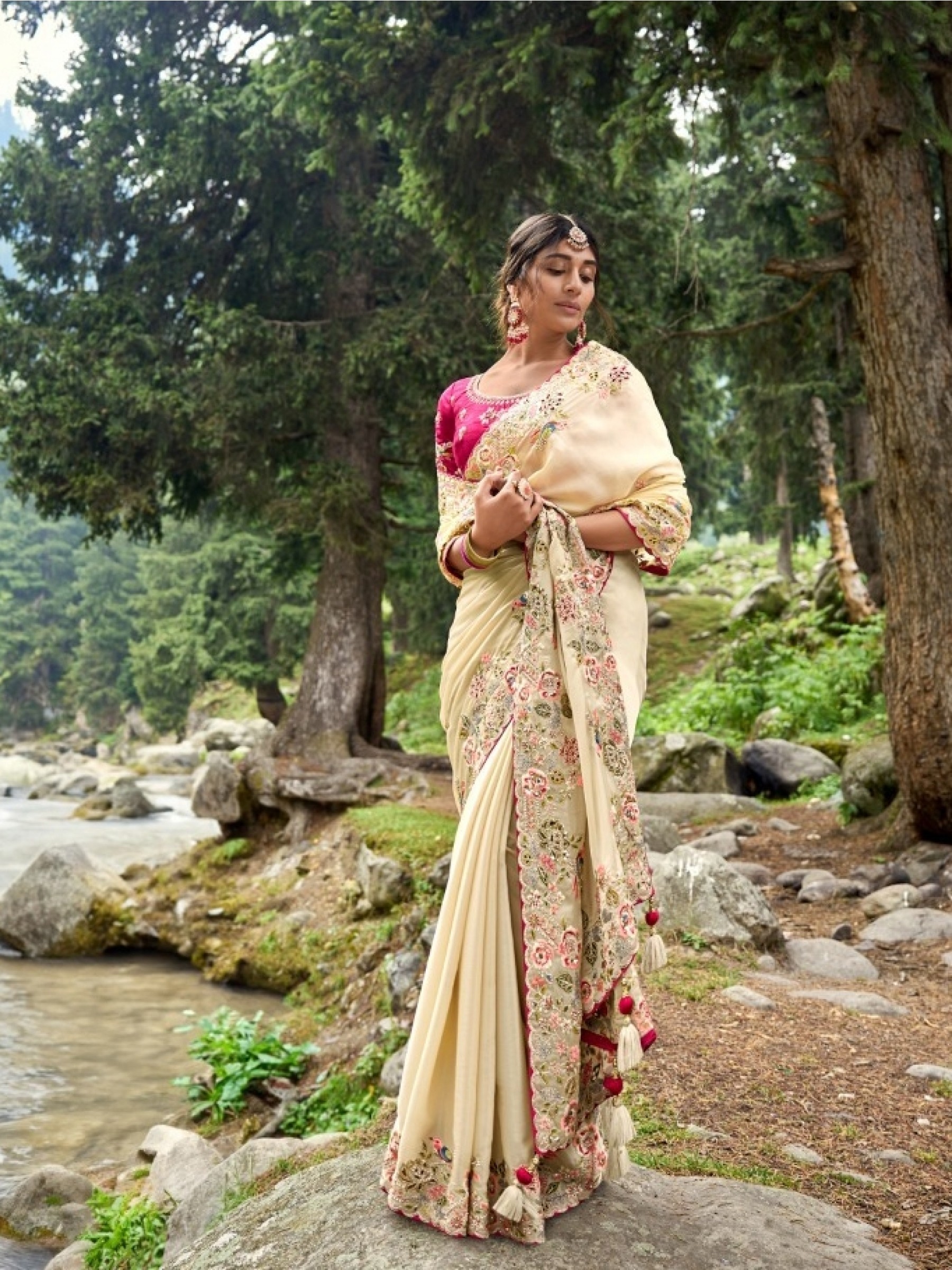 Pure Dola Silk Saree In Beige Color With Embroidery Work