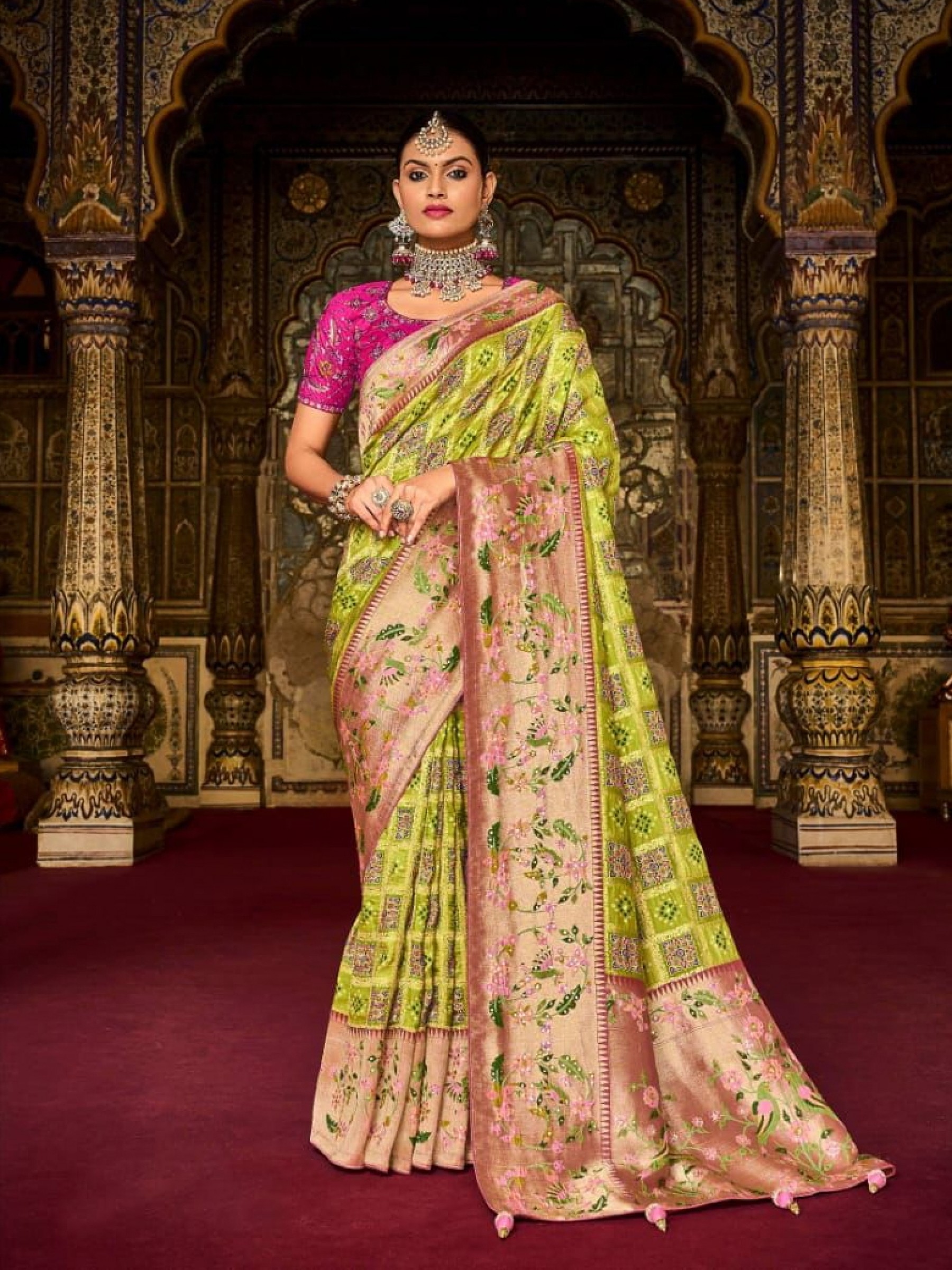 Banarasi Silk   Saree Green Color With Embroidery Work