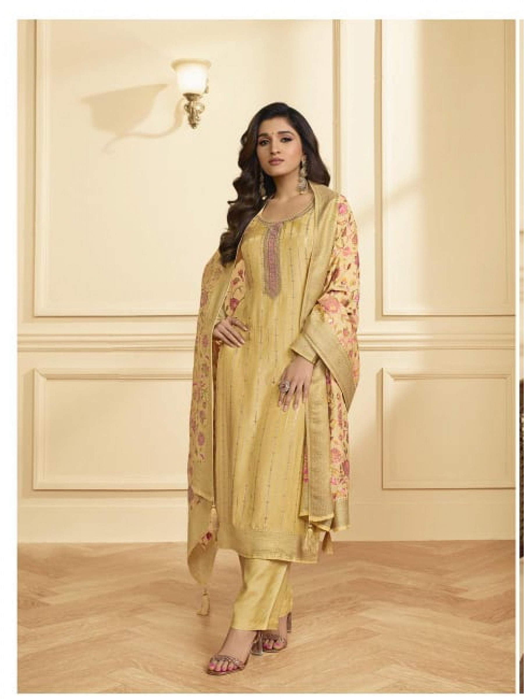 Pure  Jacquard  Silk Party Wear Suit in Yellow Color with Embroidery Work