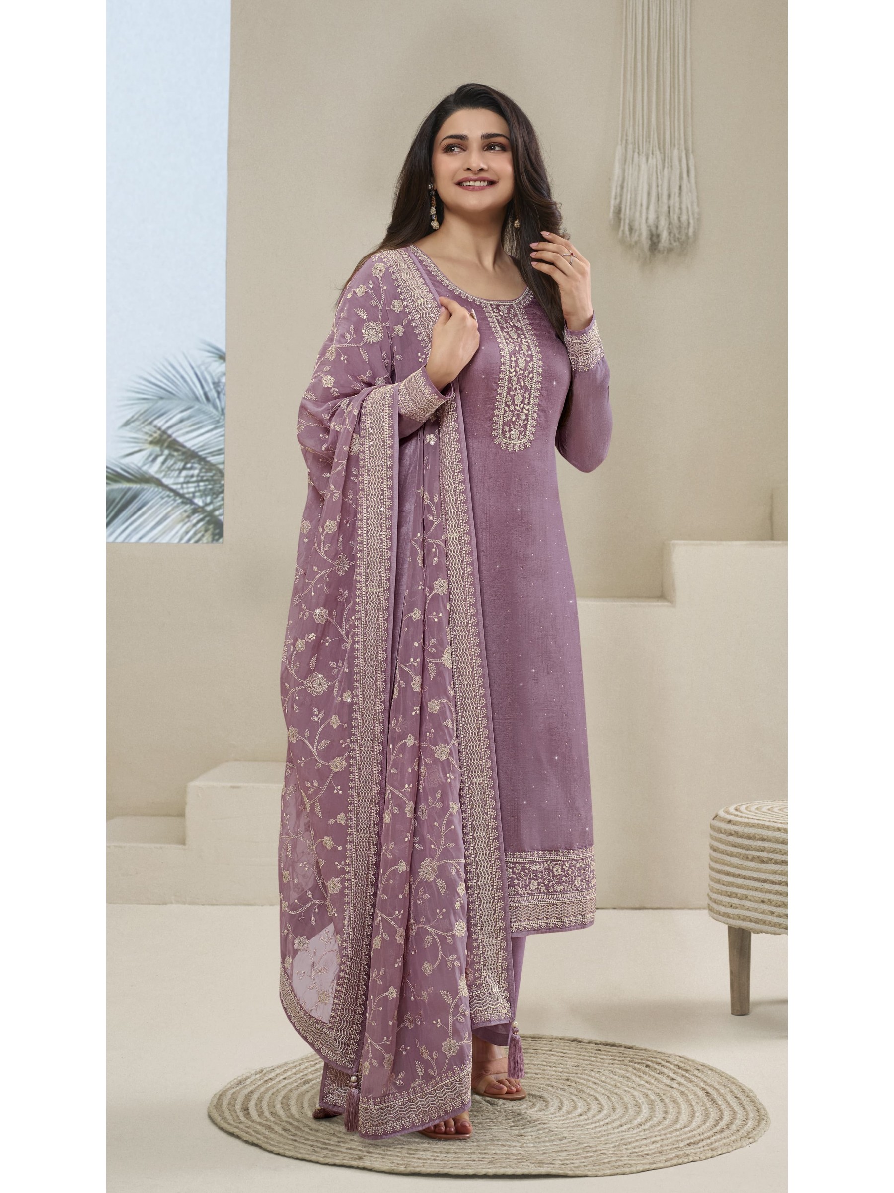 Pure Dola  Silk Party Wear Suit in Purple Color with Embroidery Work