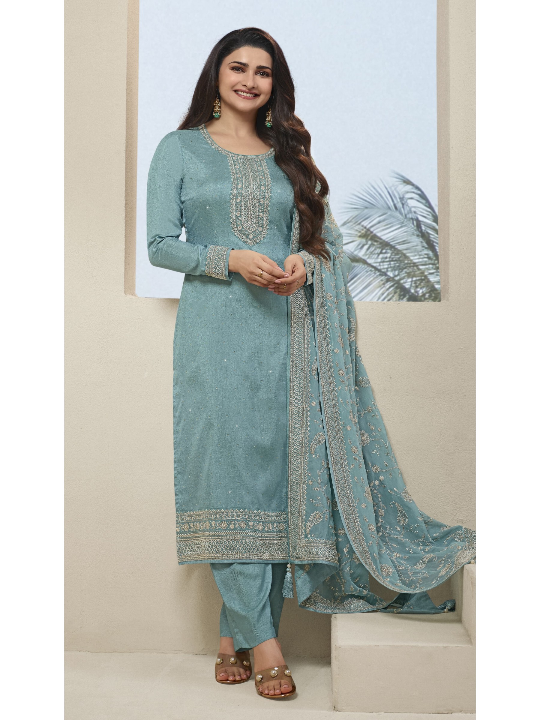 Pure Dola  Silk Party Wear Suit in Blue Color with Embroidery Work
